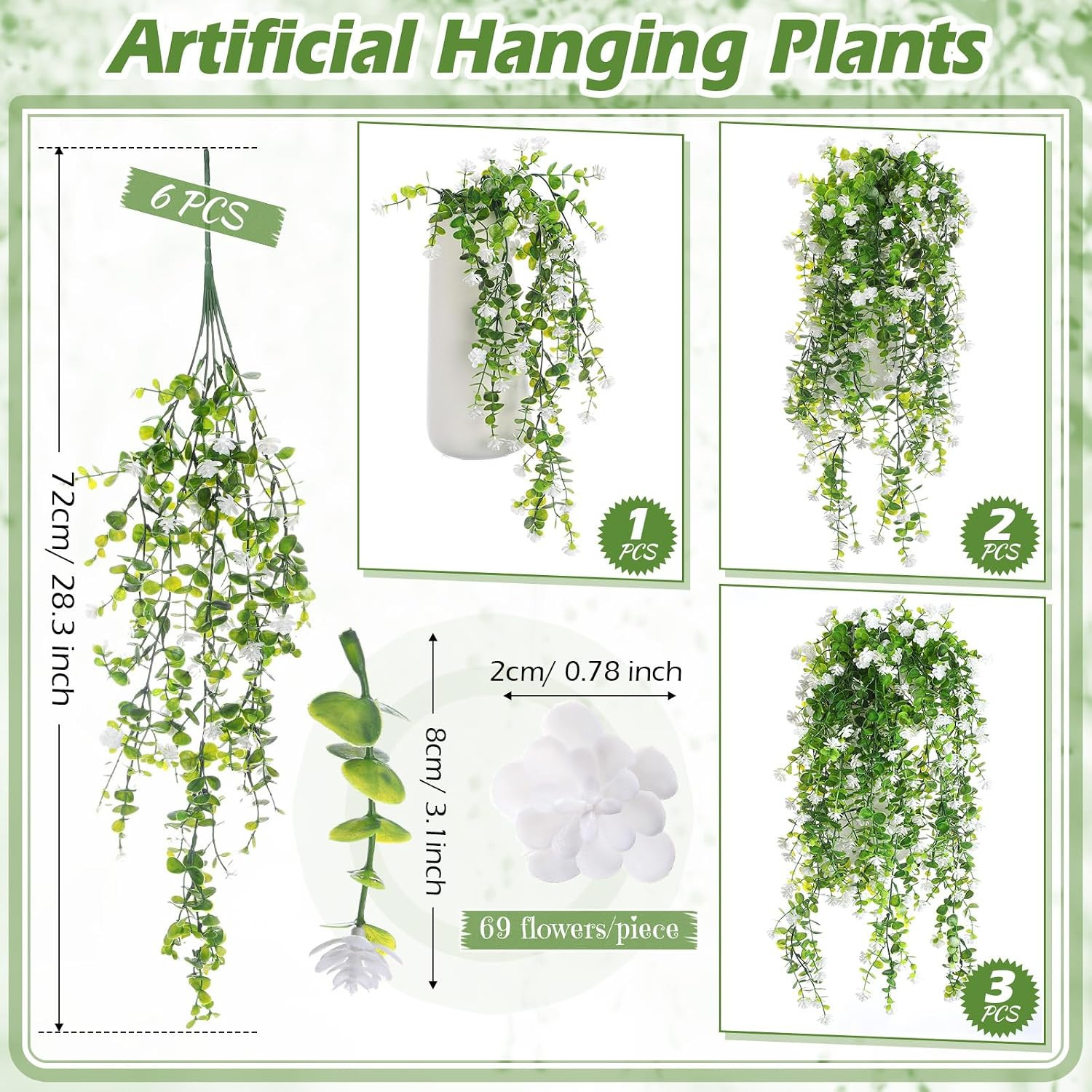6 Pcs Faux Ferns Hanging Plants for Indoor Outdoor Decor – White Ivy Vines
