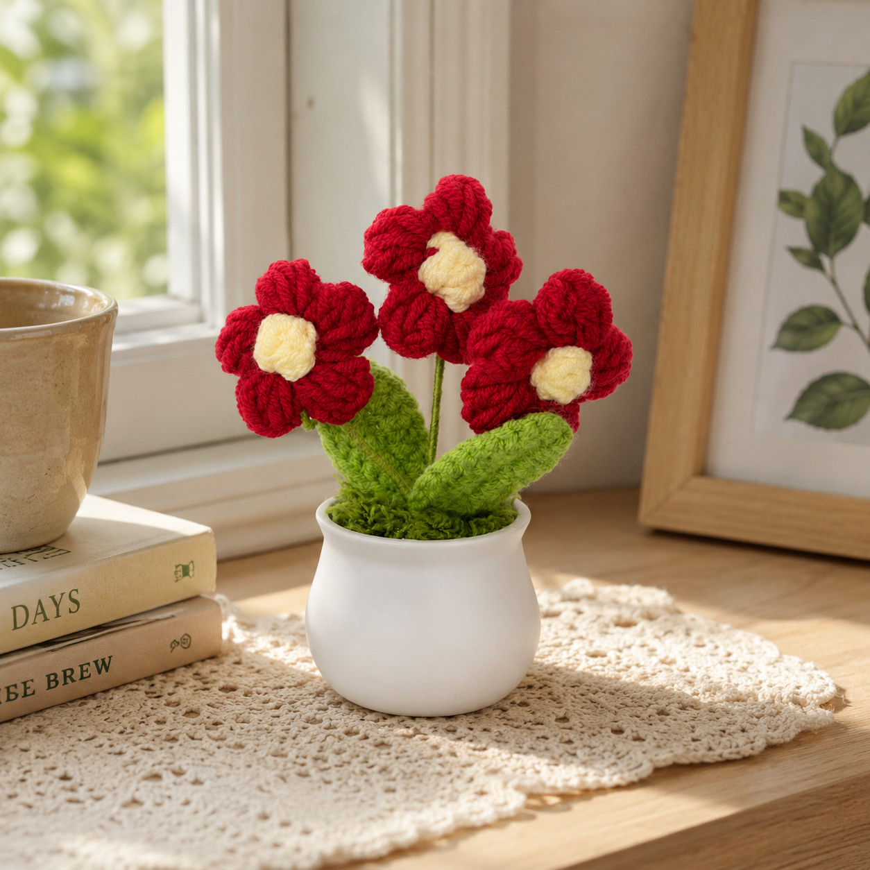 Red Crochet Flower Mini Potted Desk Shelf Decor Flexible Stems