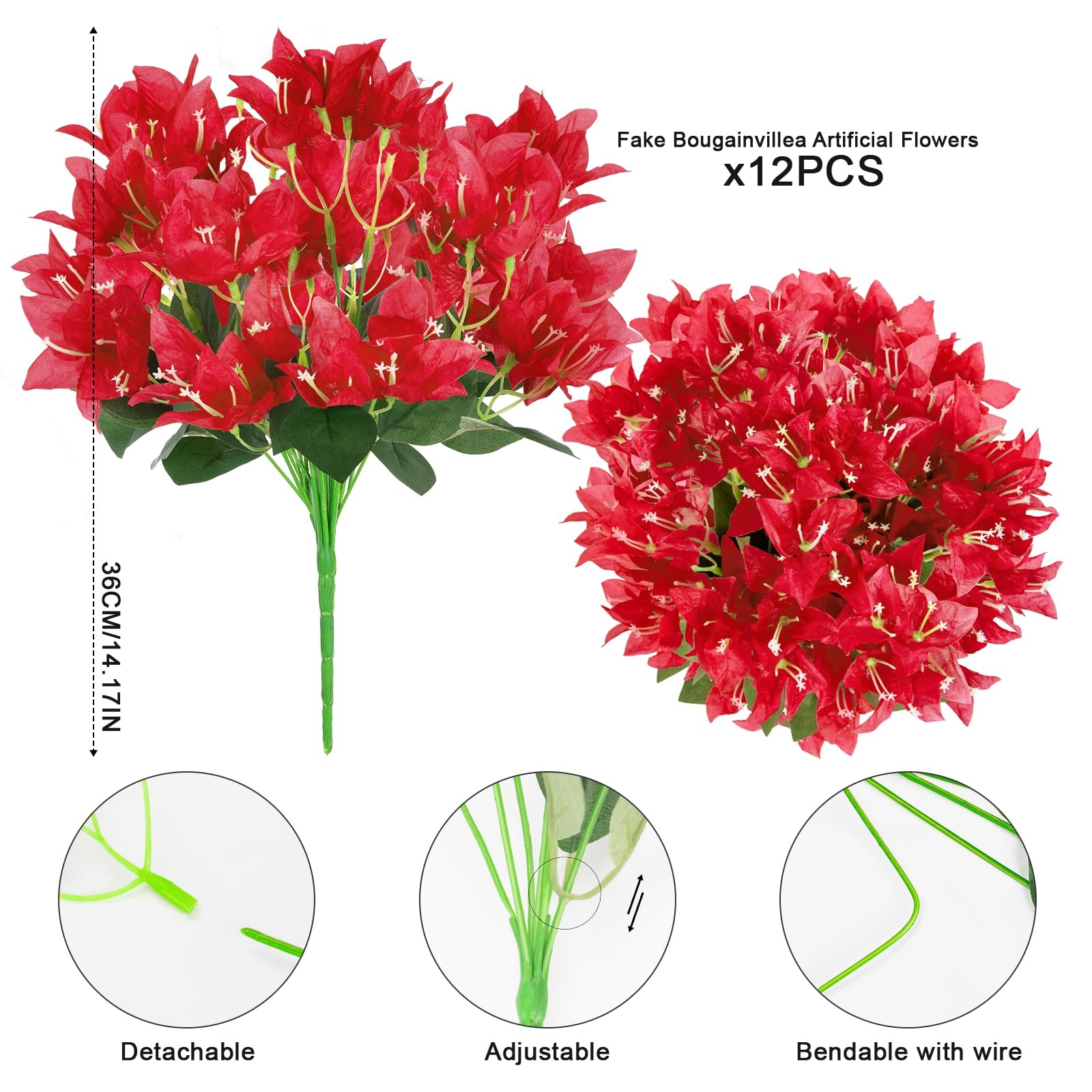 12 PCS Artificial Flowers for Outdoors – Faux Silk Bougainvillea UV Resistant