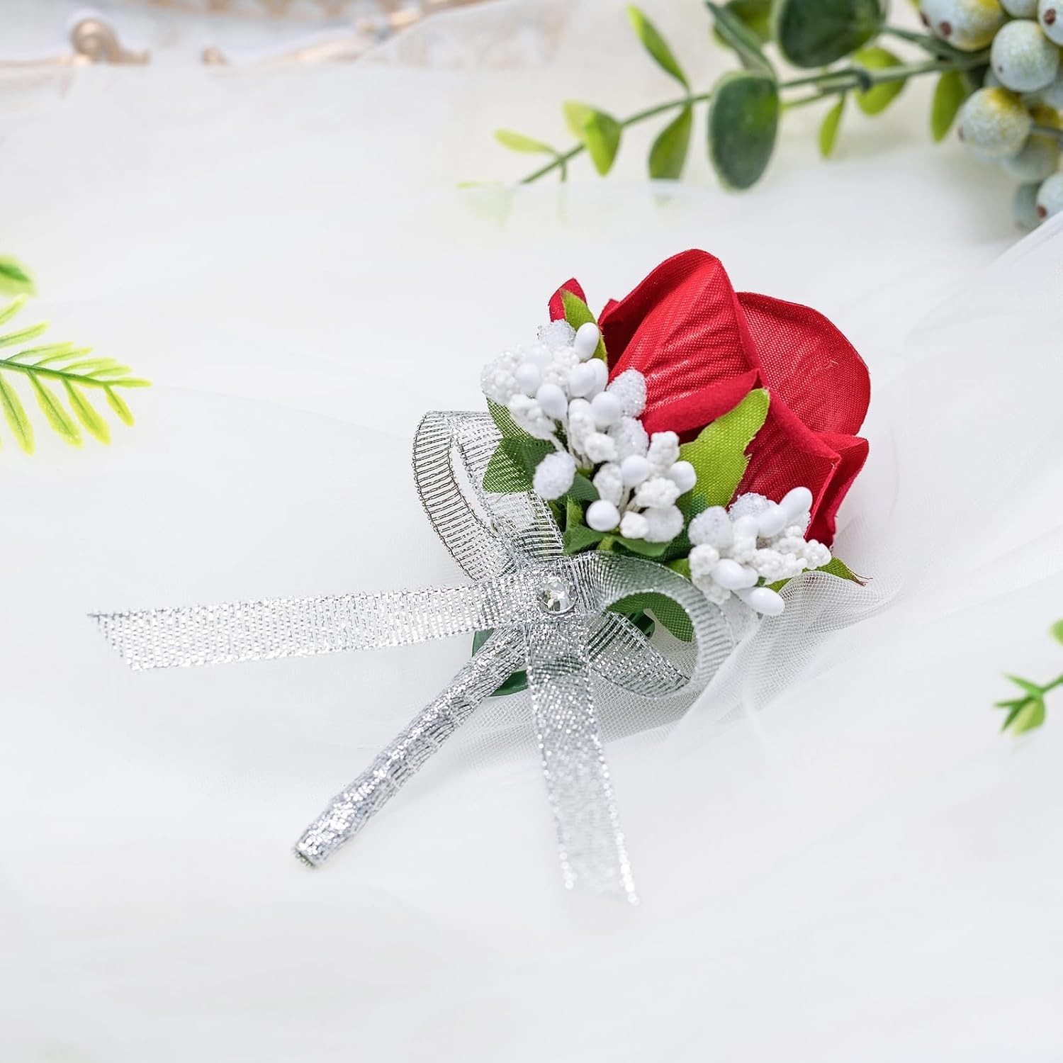 Red Rose Boutonniere Set of 2 Artificial Flowers Wedding Prom Party