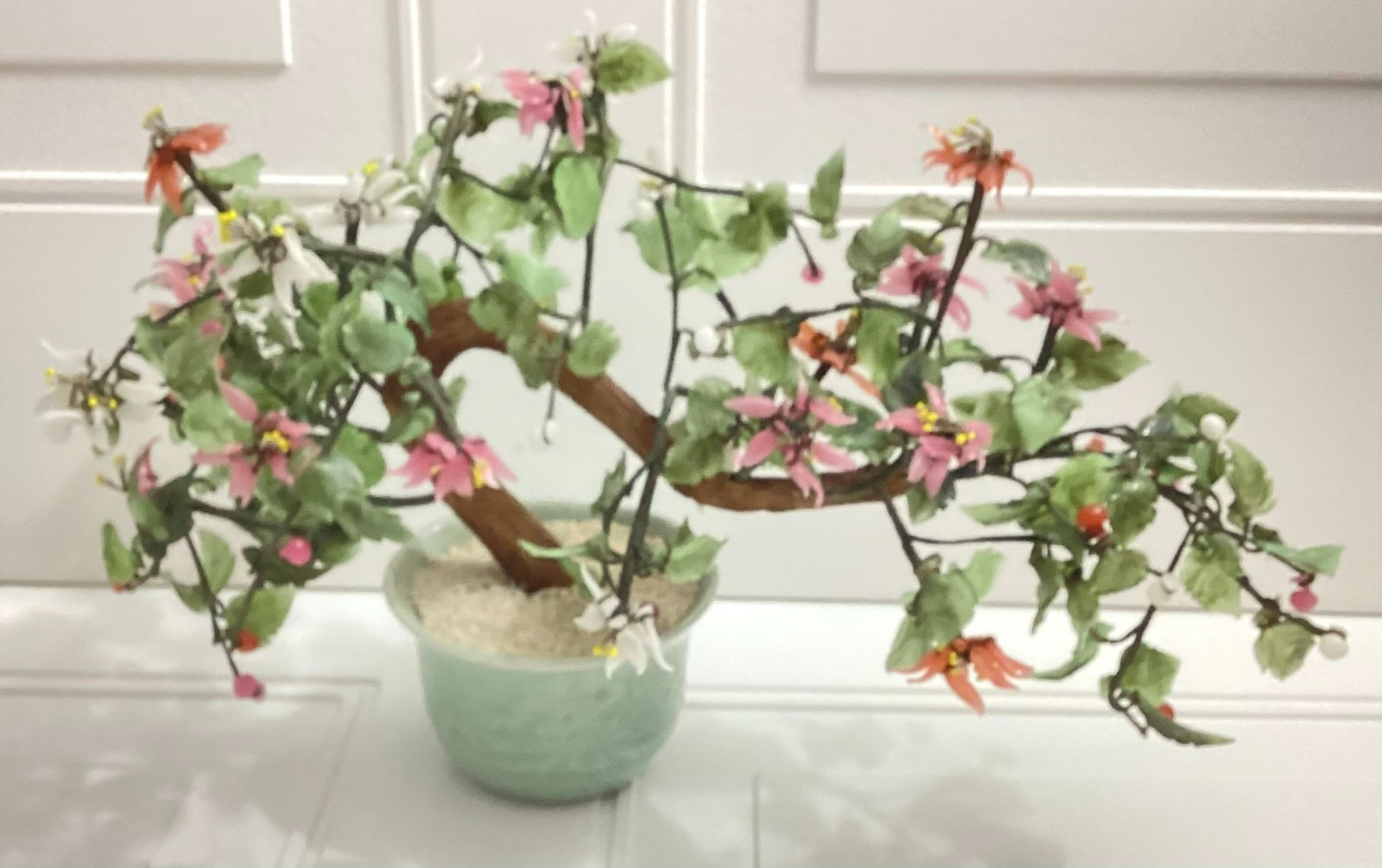 Japanese Vintage Artificial Bonsai Tree And Jade Flowers