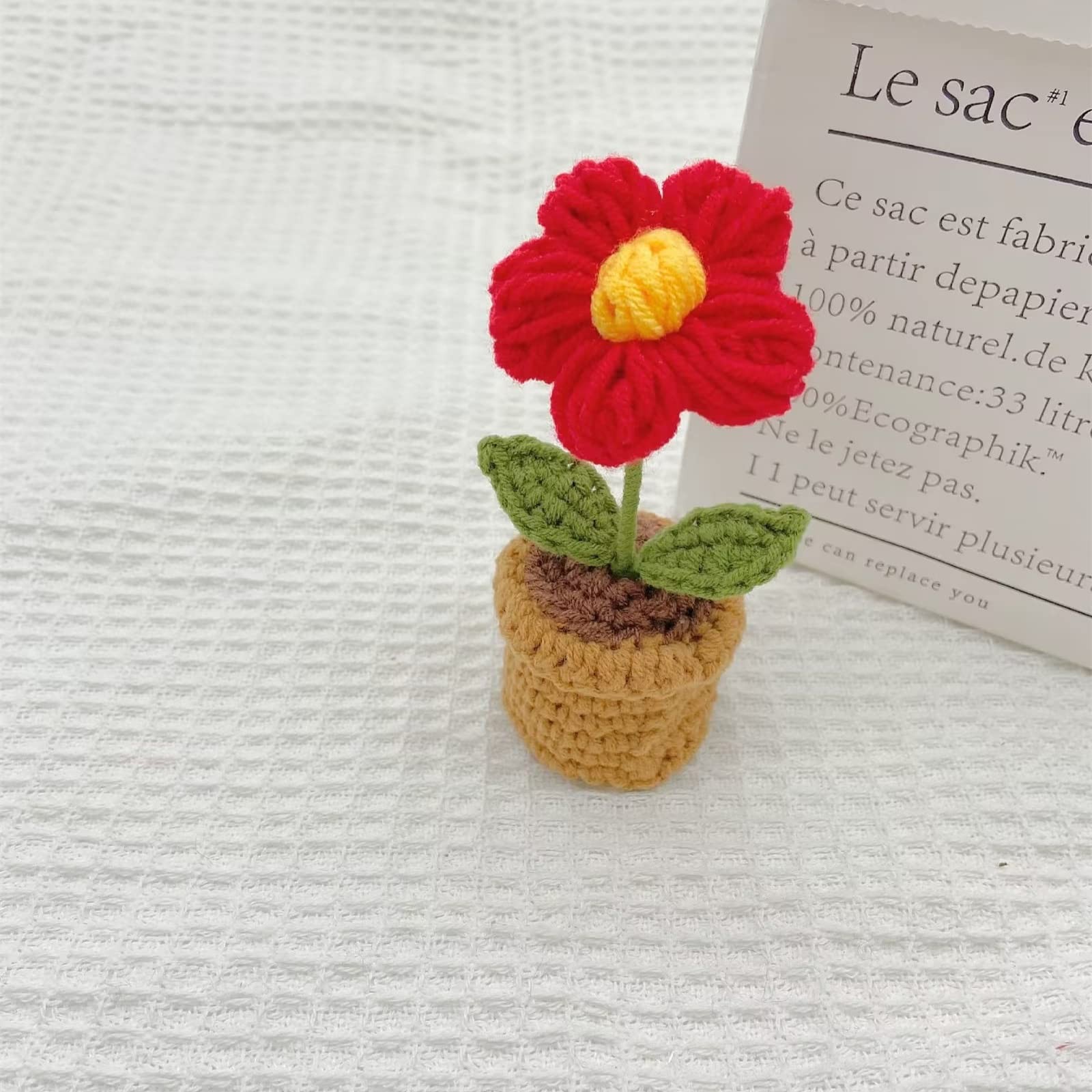 3 PCS Mini Crochet Red Rose Potted Plant Hand Knitted Rustic Table Decor Home