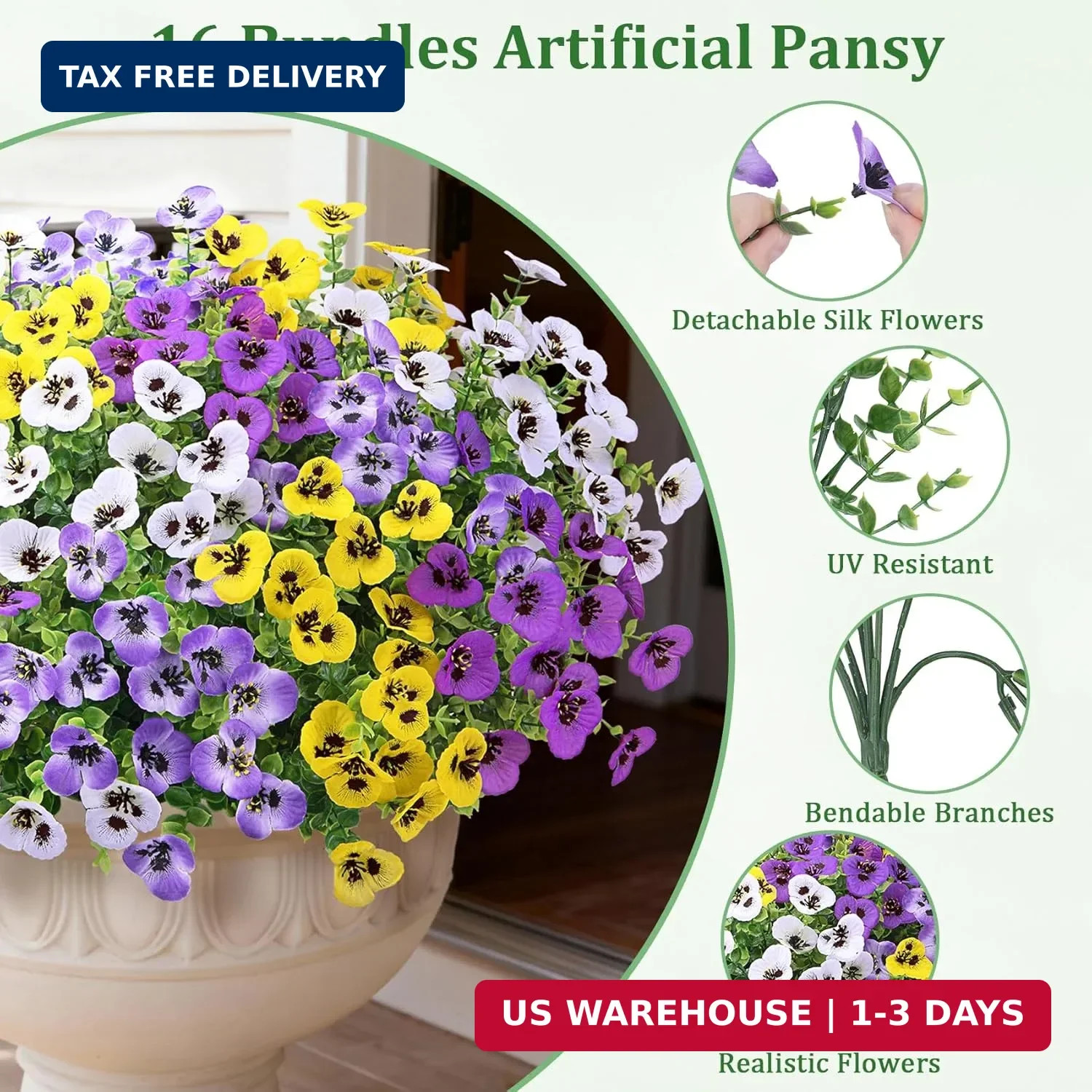 Artificial Flowers for Outdoors Decorations, 16 Bundles UV Resistant Pansies Sil