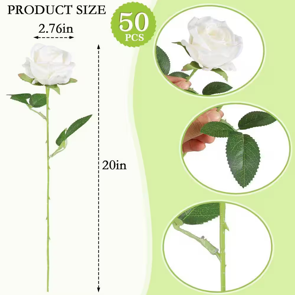 50 Pcs Realistic White Velvet Silk Artificial Roses for Wedding Centerpieces and