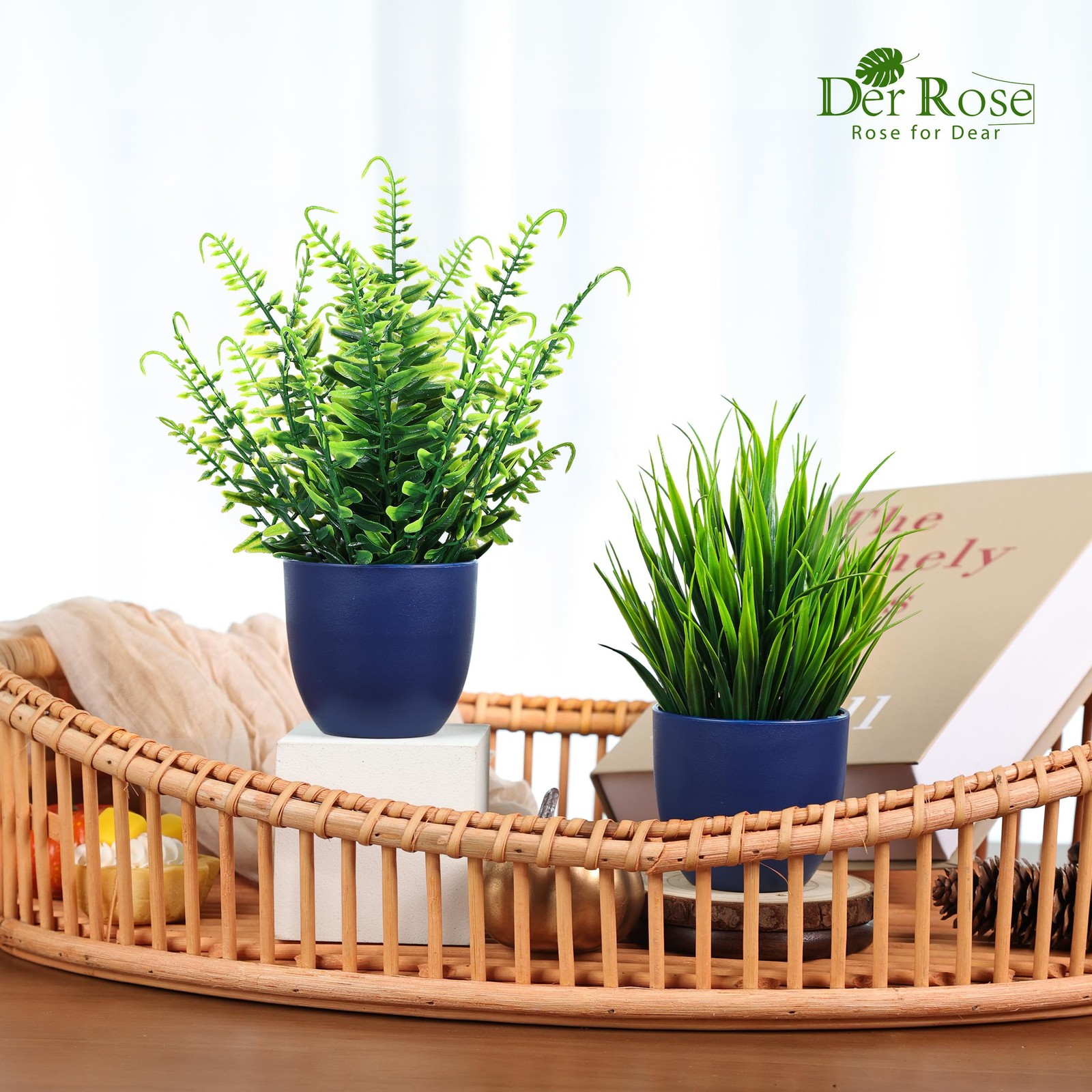 Der Rose 4 Pack Fake Plants Small Artificial Plants in Blue Pots Faux Plants