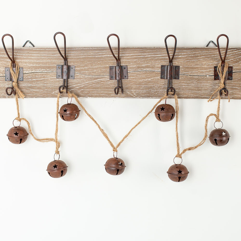 16 feet of Jute Rope Garland with Rusty Tin 2″ Sleigh Bells