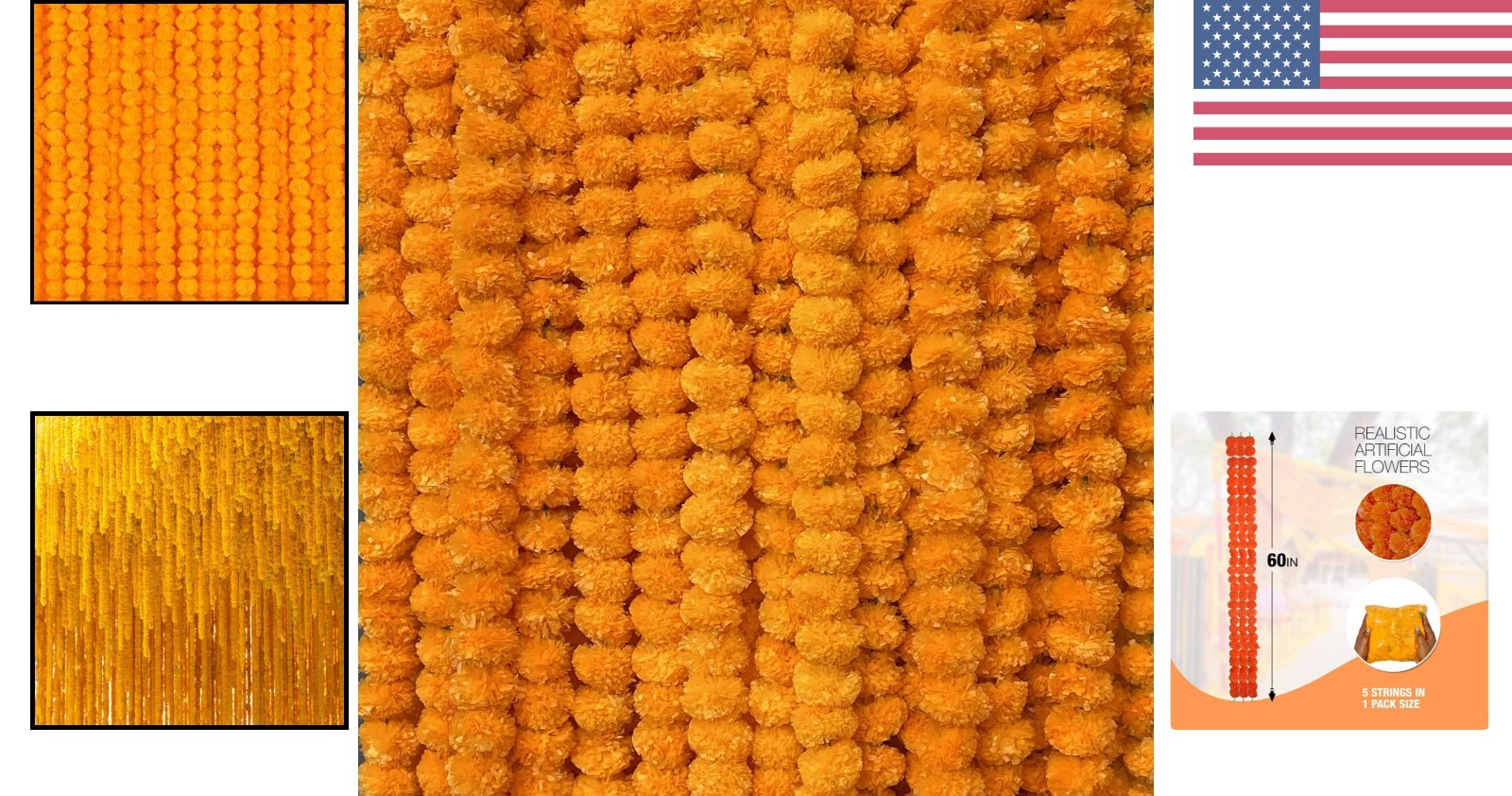 5 PC 5ft Marigold Garland – Elegant Faux Strings for Weddings & Festivals
