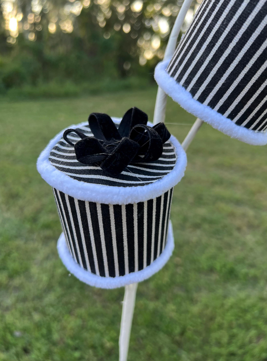 Black and White Striped Round Present Packages Spray Stem Christmas Pick