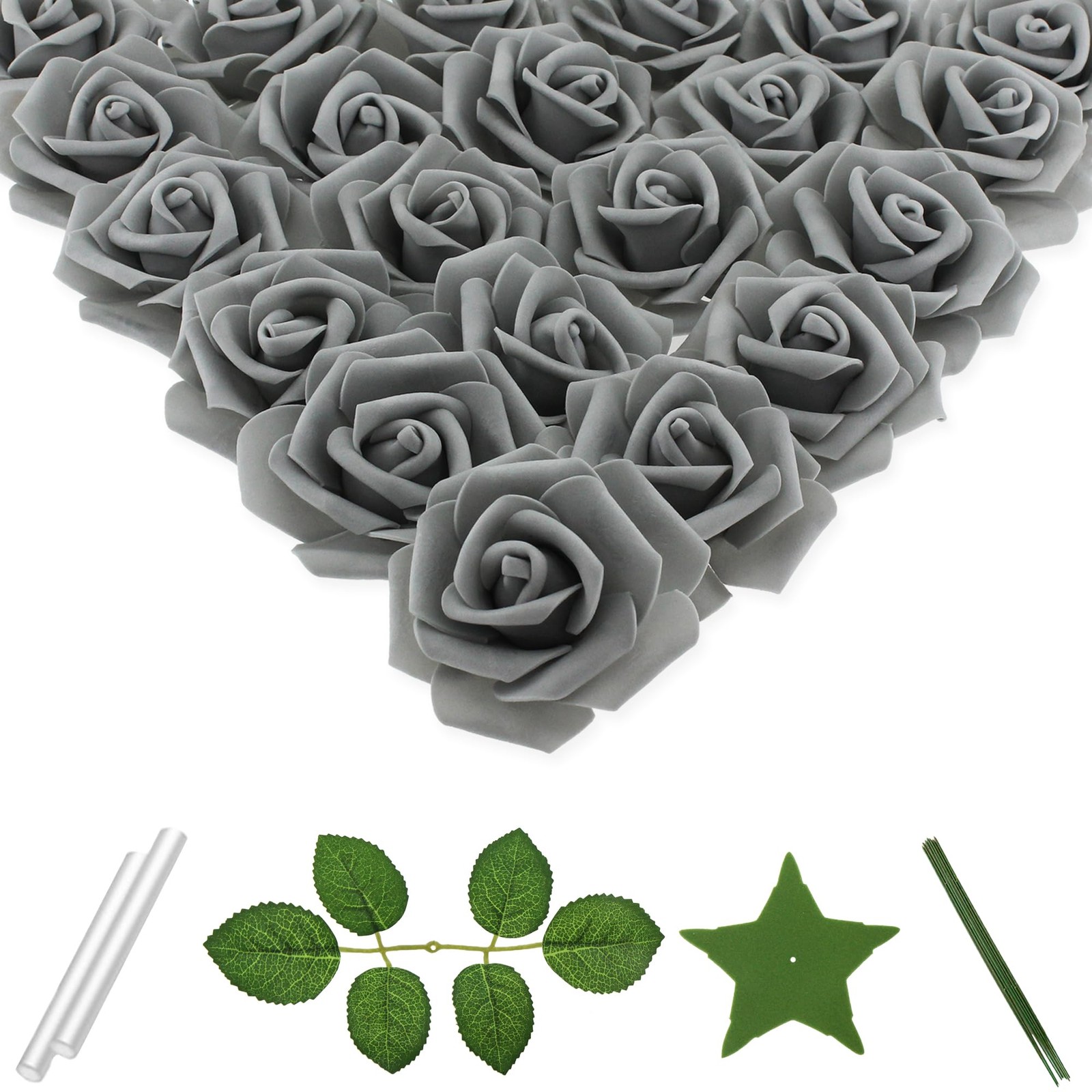100 PCS 3 Inch Artificial Flowers Faux Foam Fake Rose Head Wedding Silver