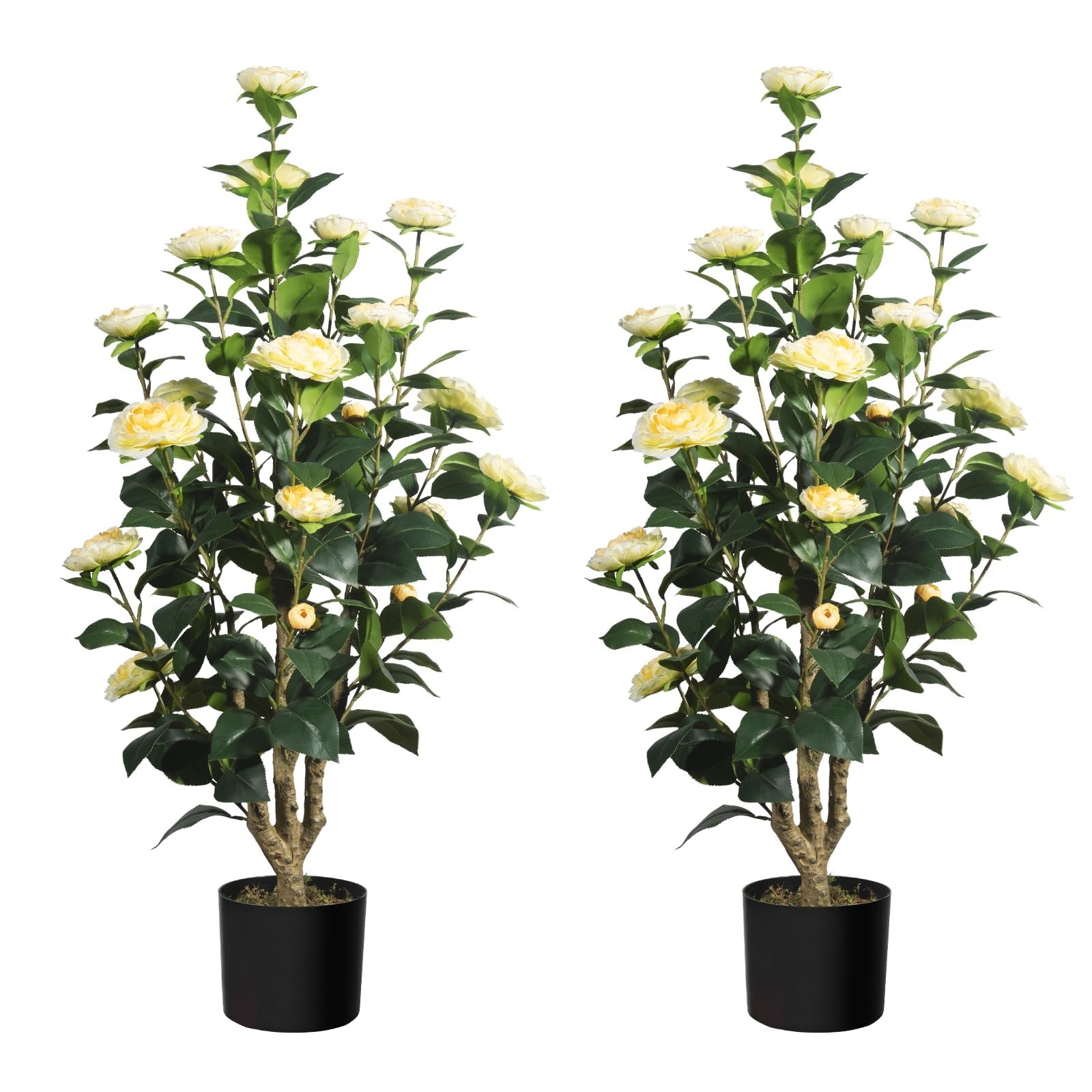 3FT Light Yellow Artificial Camellia Plants 2 Pack with Pots, Faux Flowering …