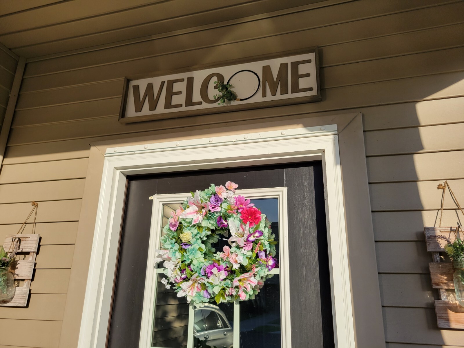 FLORAL one of a kind WREATH flowers Decor Front Door 16″ new green white pink