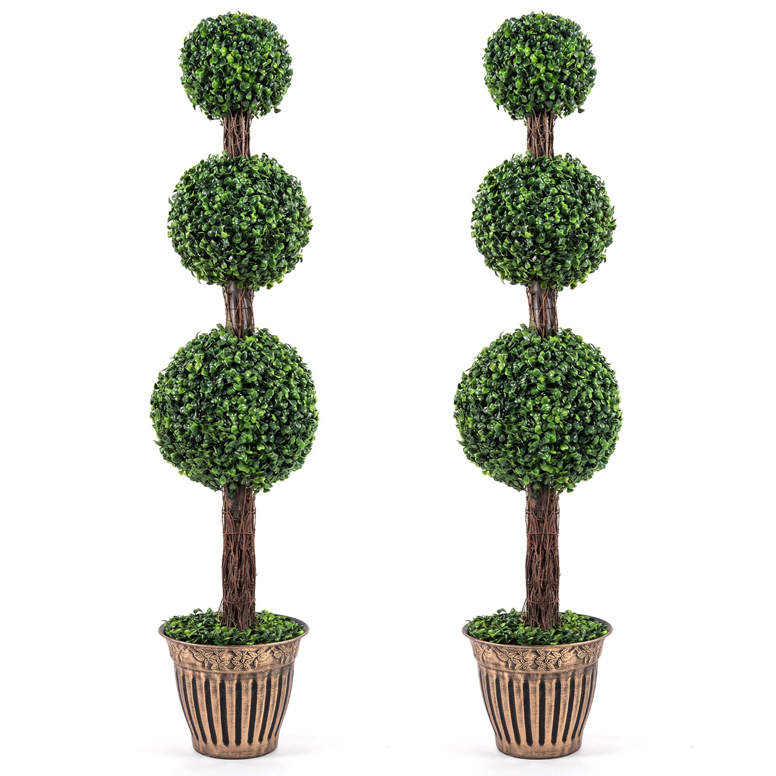 2PCS Artificial Triple Ball Boxwood Tree, Fake Topiary Tree w/ Retro Planter