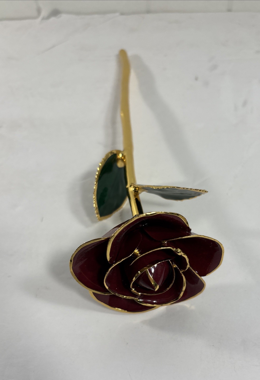 Gold Trimmed Valentine Red Rose 24K Style Long Stem Enamel Flower Gift 11”