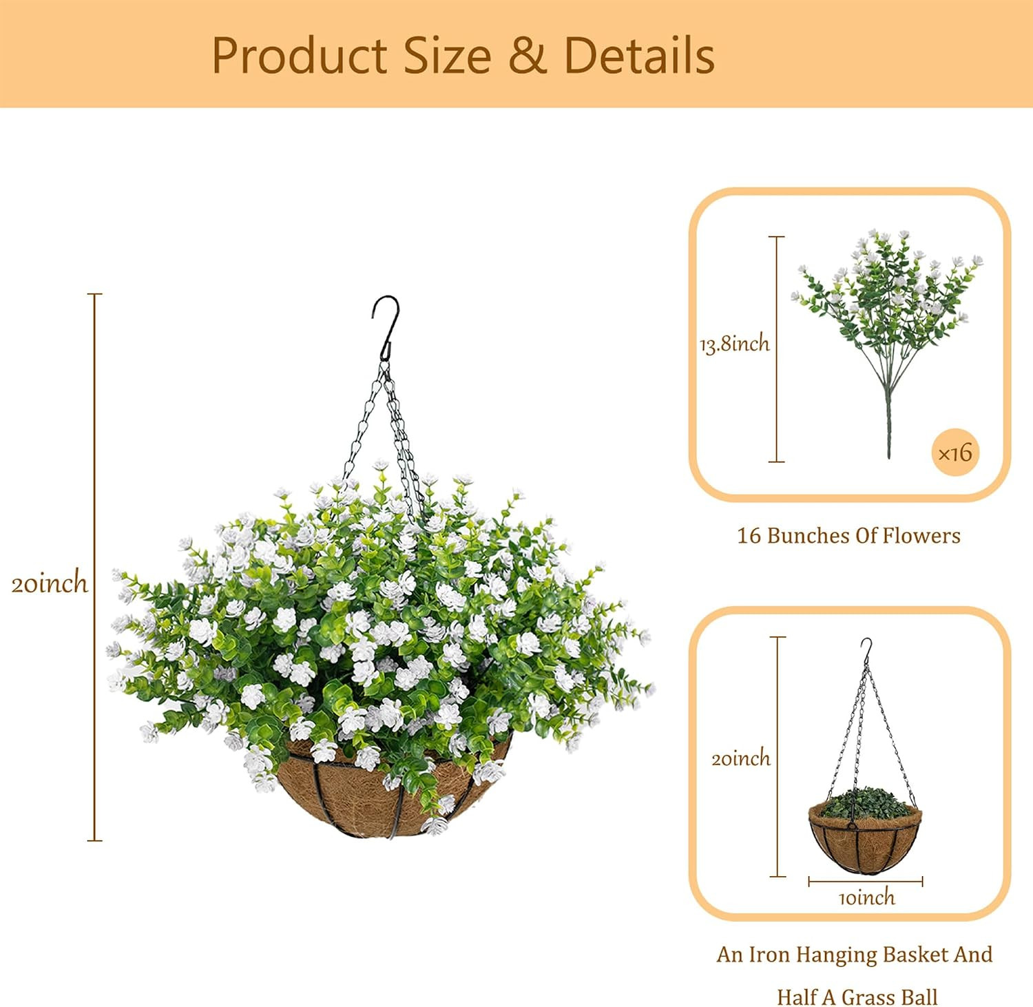 Realistic UV Resistant Artificial Hanging Flower Basket for Outdoor Decor