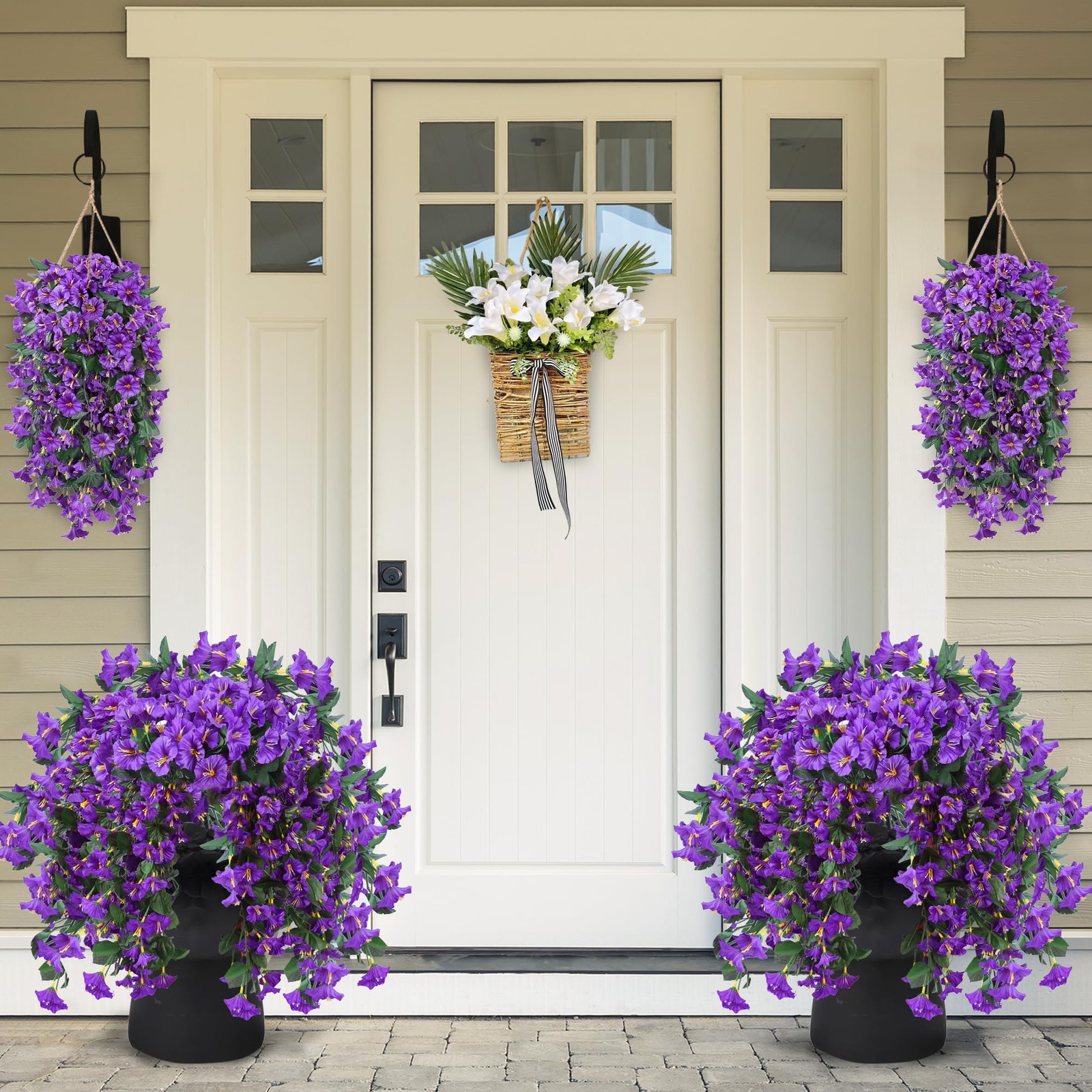 Silk Artificial Hanging Plants, 2PCS UV Resistant Morning Glory Vines, Purple