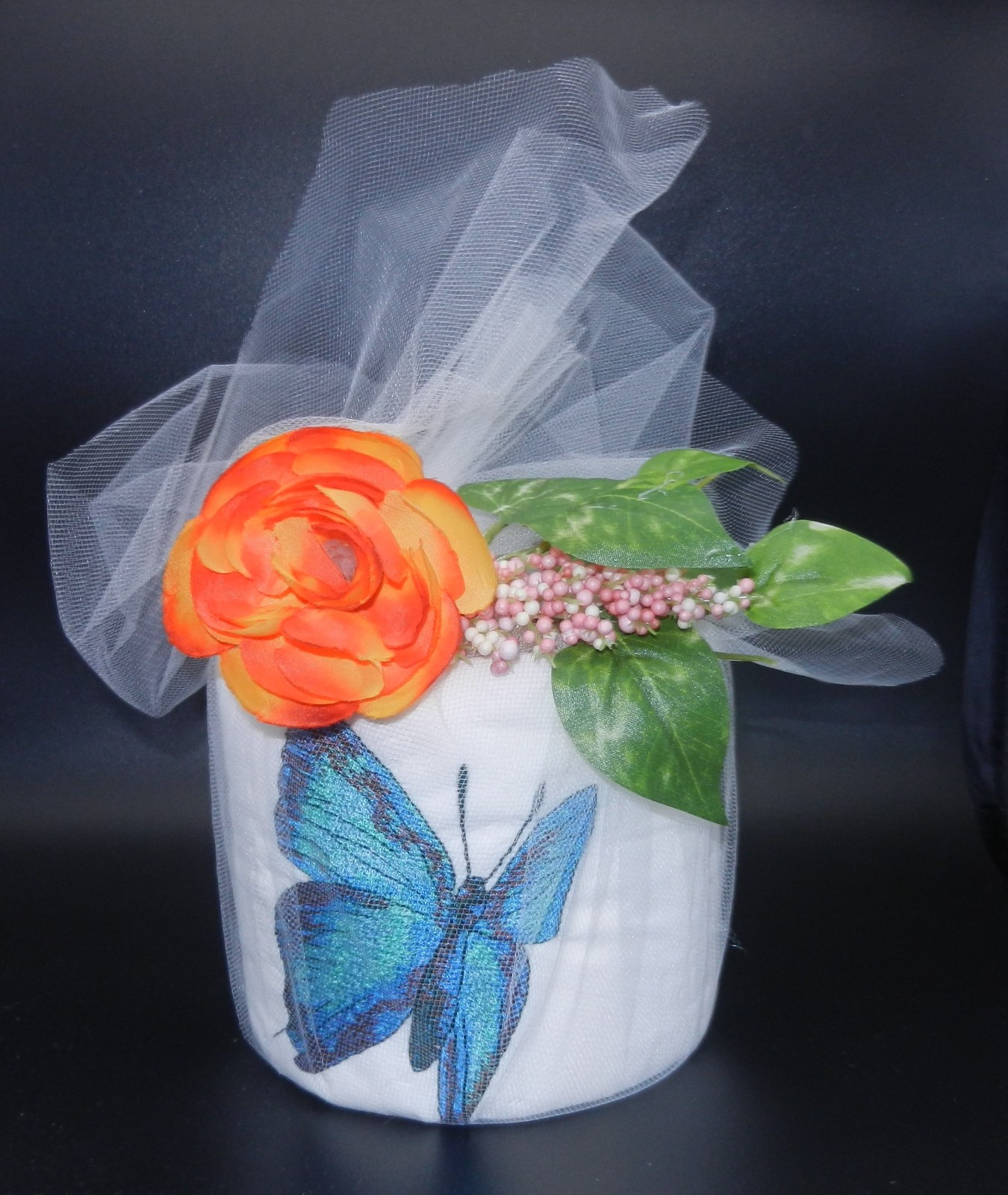 Blue Butterfly Embroidered Toiletpaper Roll wrapped in Tulle w/Rose on top!