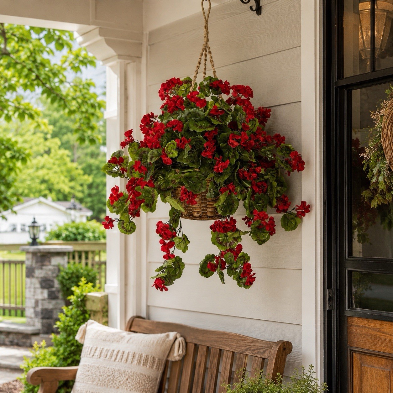 28” UV Geranium Artificial Flowering Plant in Hanging Basket Indoor & Outdoor