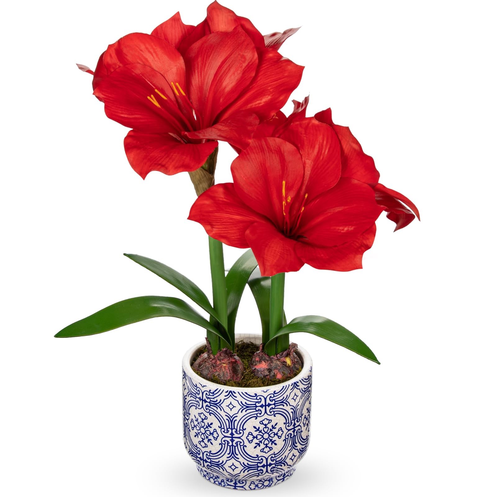 Red Amaryllis Artificial Flowers in Blue Ceramic Pot 18.1″ Faux Amaryllis Flo…