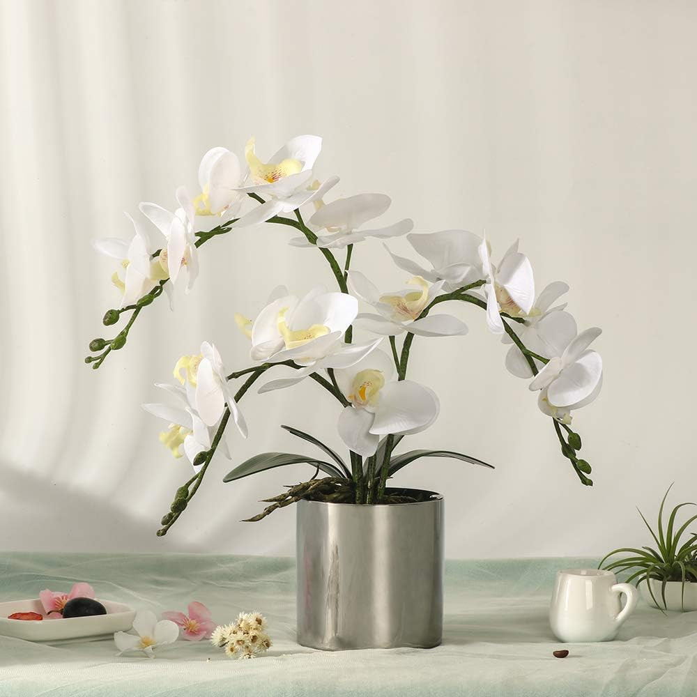 Real Touch White Orchid Arrangement in Silver Vase for Home Decor