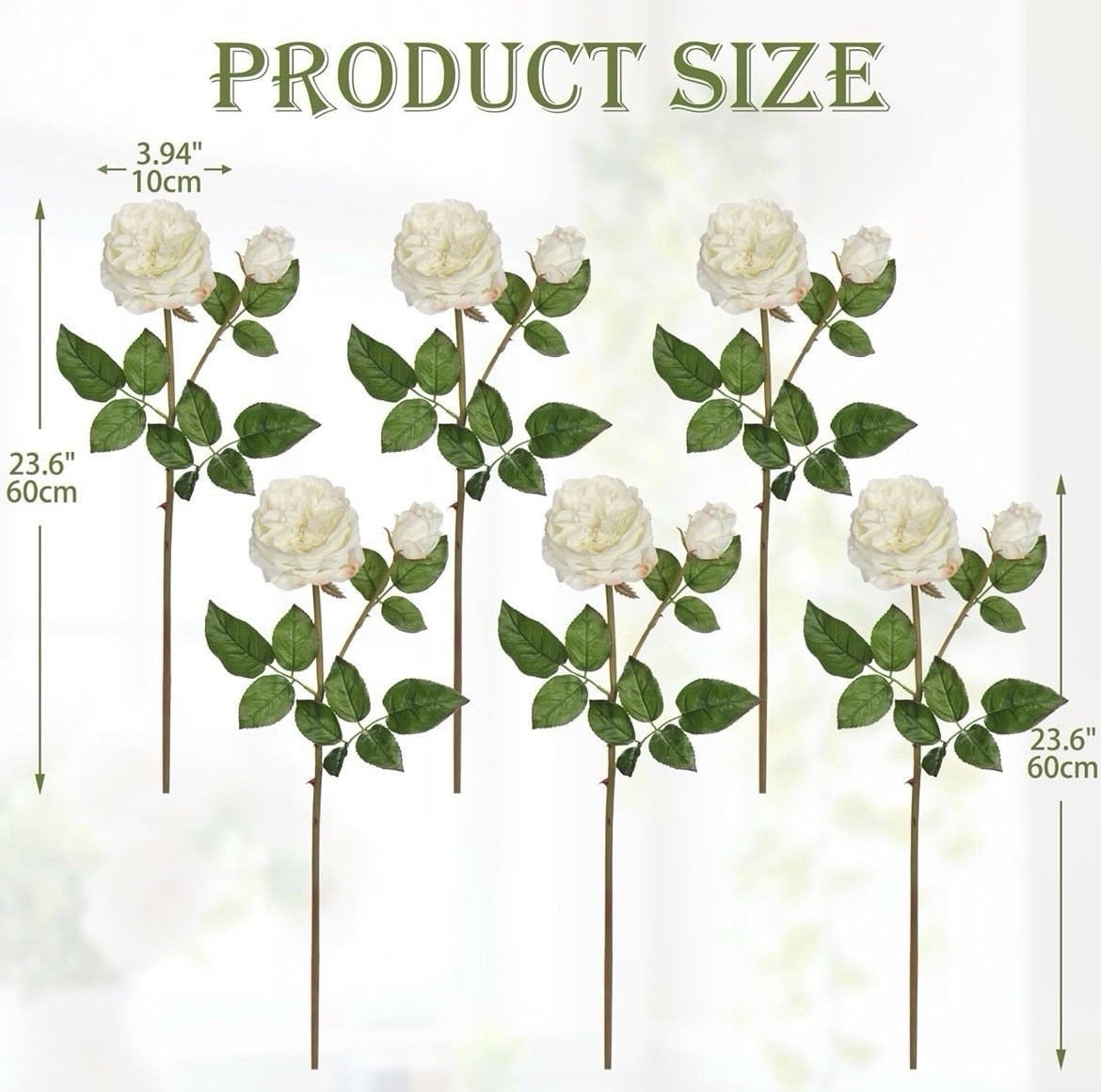 Real Touch Artificial Roses (Set of 6) – 23.6″ Long Stem White Garden Rose