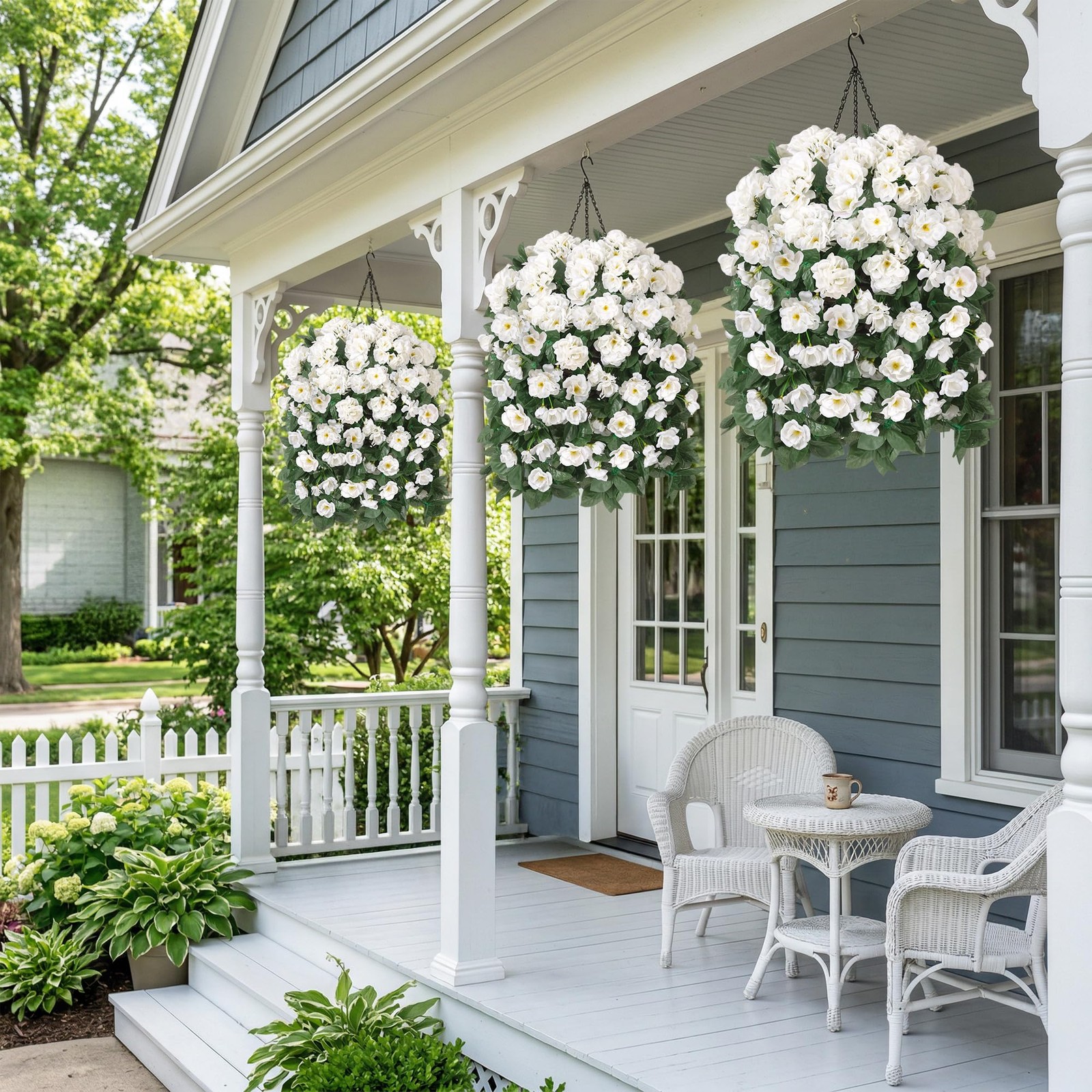 Artificial Geraniums Fake Hanging Flowers Basket for Spring Outdoor Decoratio…