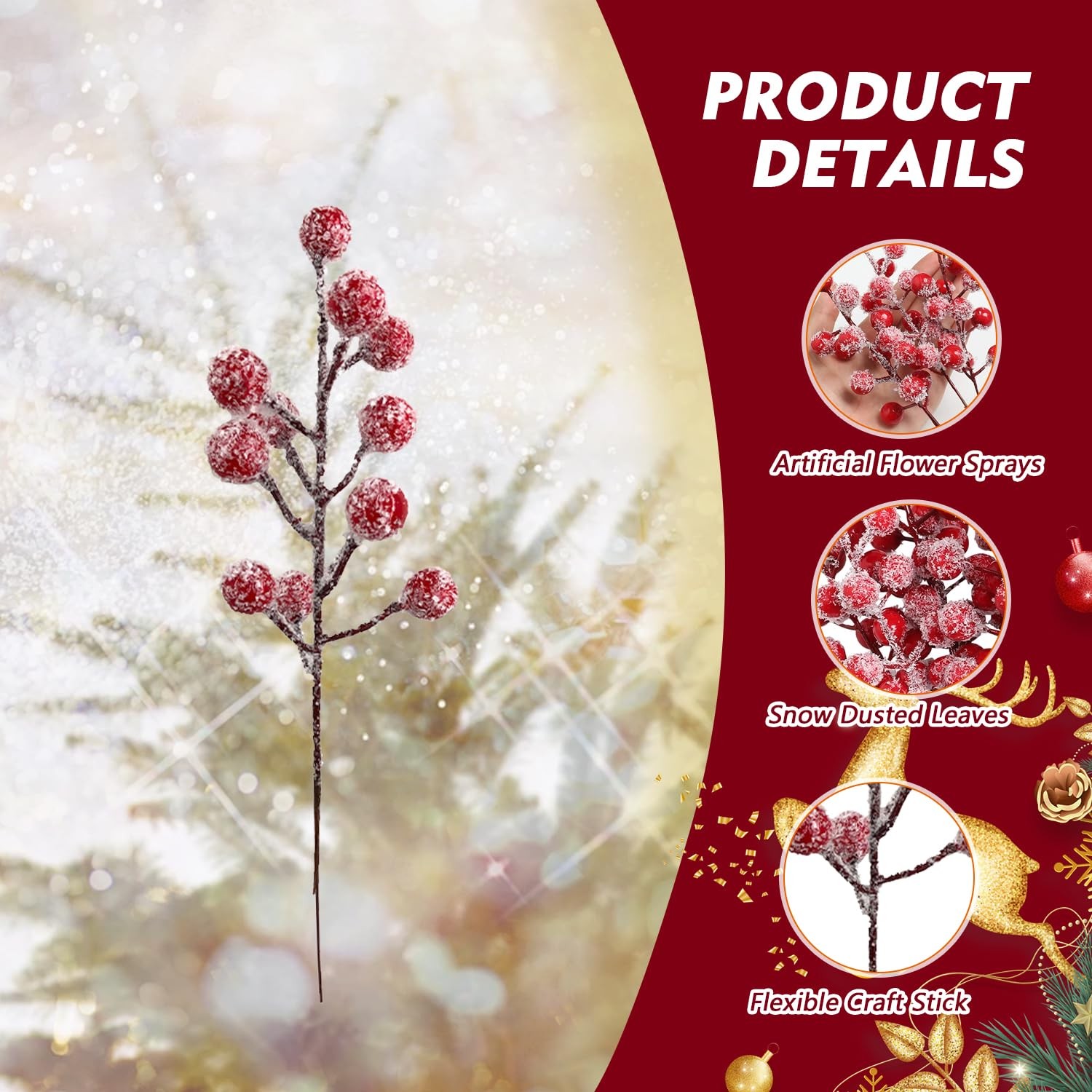 12Pcs Artificial Holly Stems 7.8 Inch Christmas Spray Picks with Snow Red Ber…