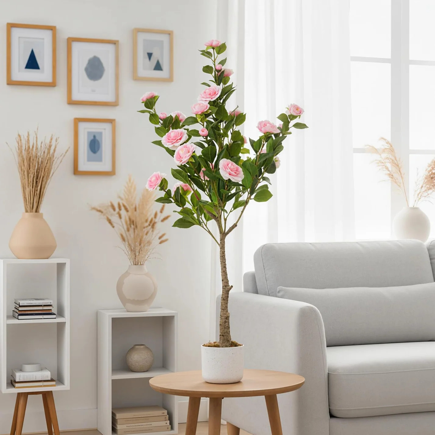 Garvee 3.9FT Artificial Camellia Tree, Faux Camellia Plant with White Planter