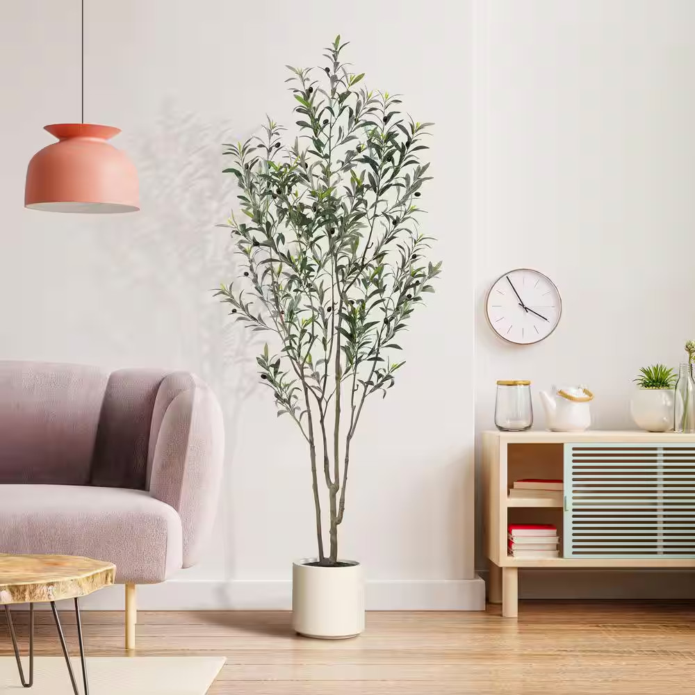 7 Ft. Artificial Olive Tree with White Planter, Large Faux Olive Silk Tree for I