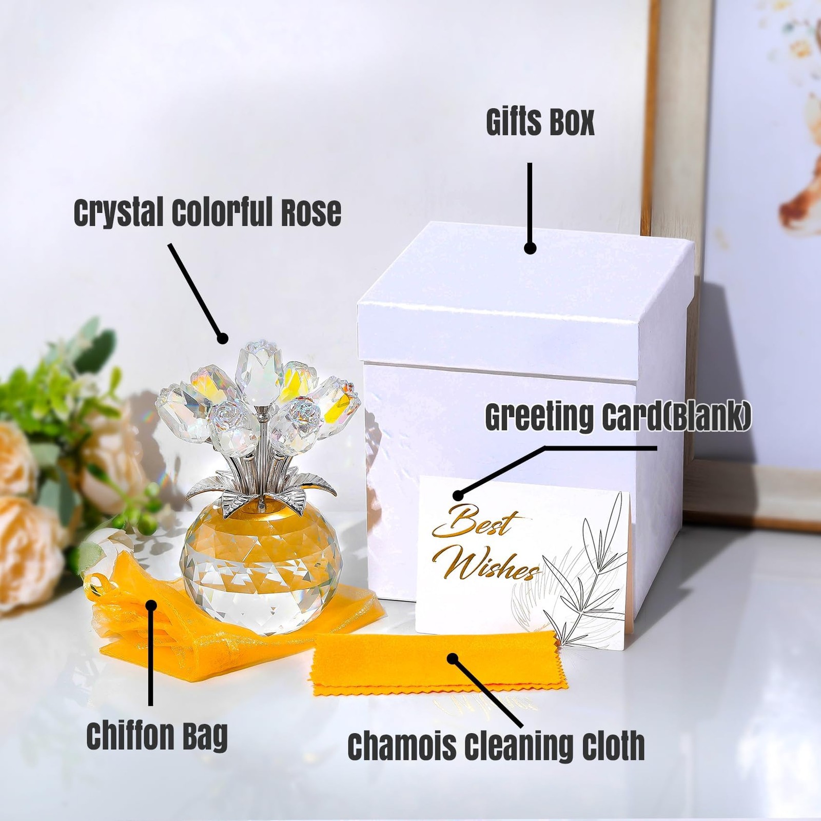 Ornalrist Crystal AB-Color Rose Bouquet Flower with Vase Figurine Decor, Rose…