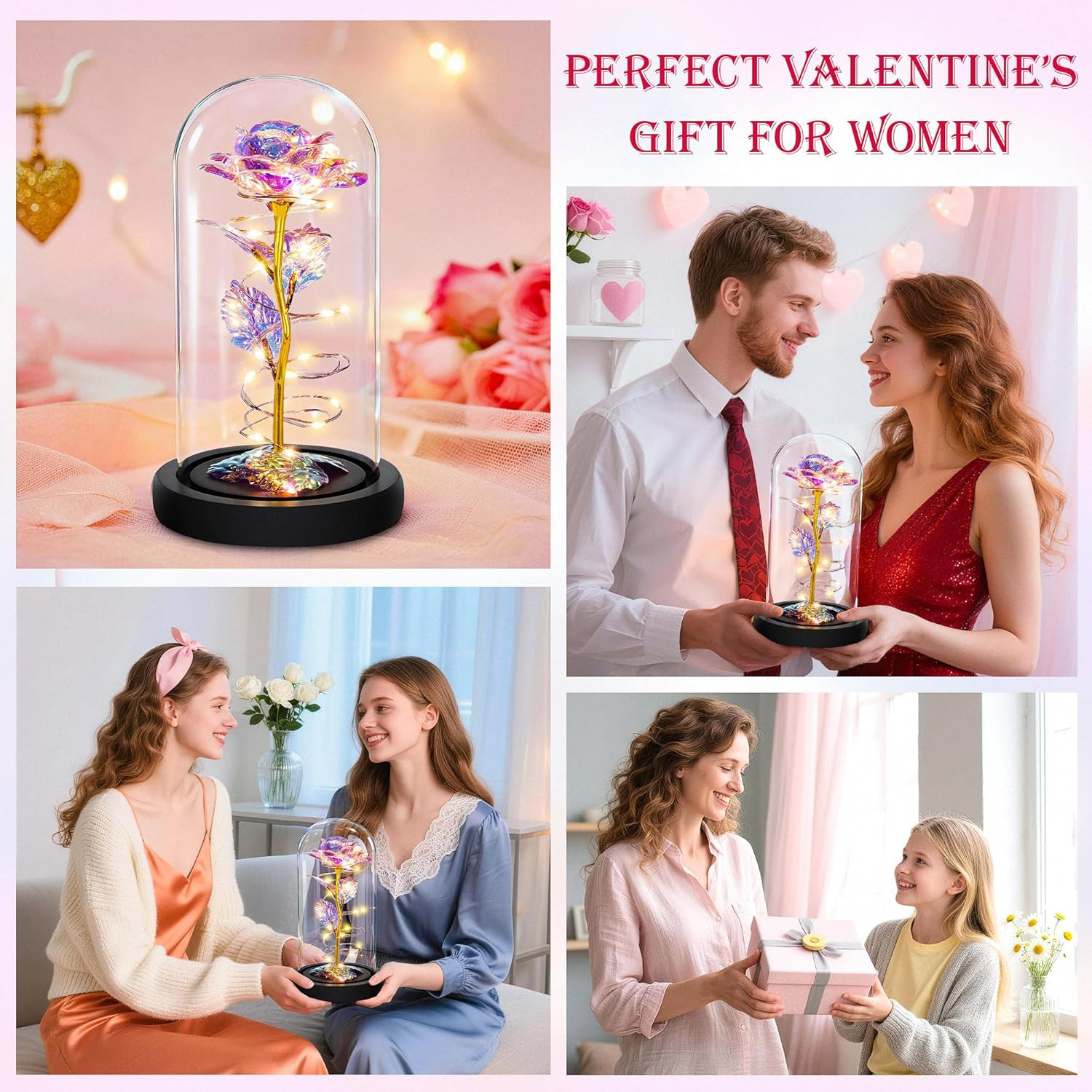 LED Rose in Glass Dome Gift for Her Valentine Anniversary Birthday Mom Wife