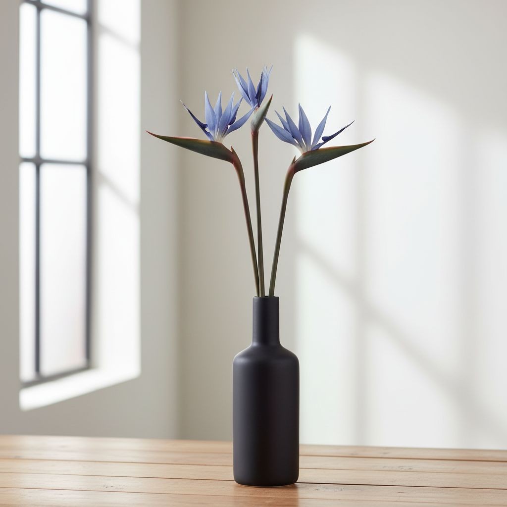 Bird of Paradise Stems Set of 3 Faux Tropical Flowers 30 Inch Tall Moody Blue Pu