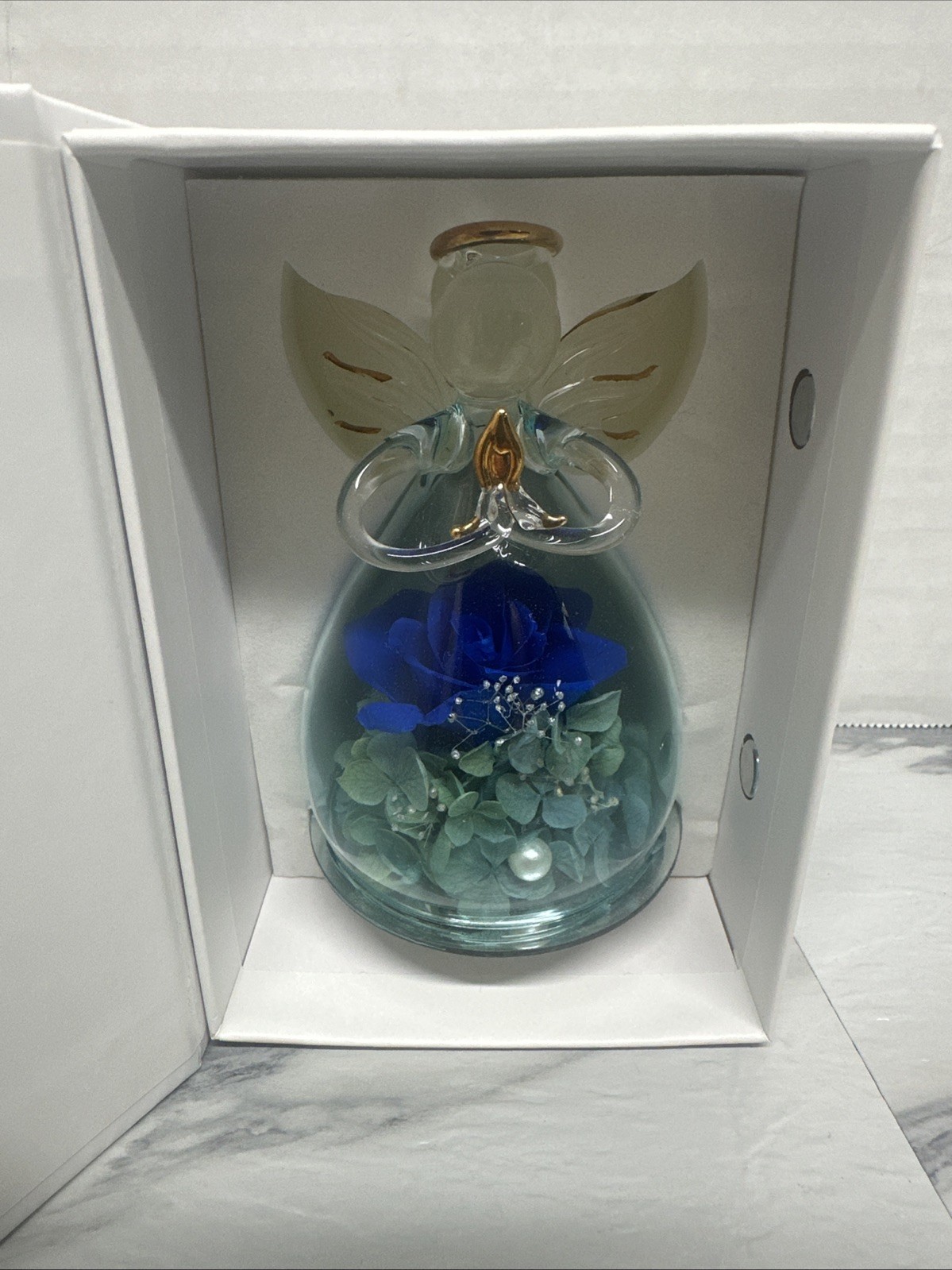 Angel Figurines with Real Rose Preserved Blue Rose for Mom Grandma Gift Decor