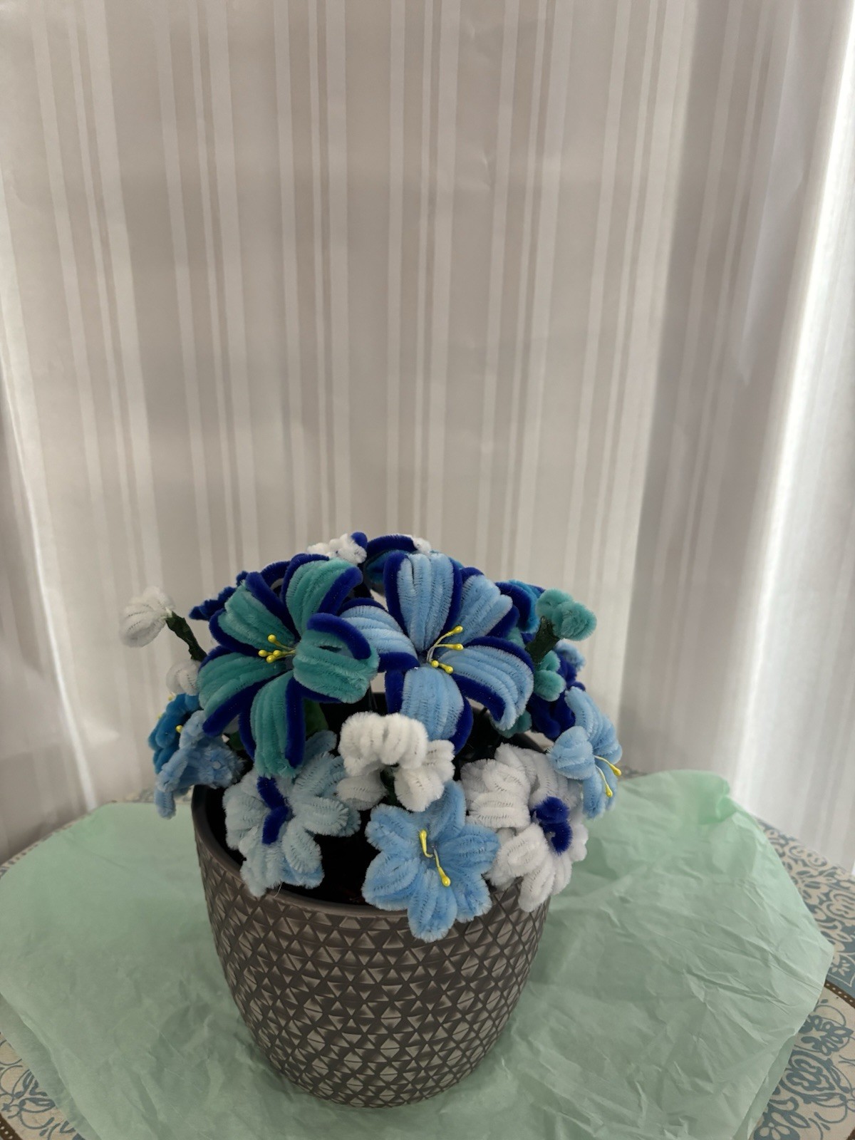 Artificial Mixed Floral Centerpiece in Decorative Pot, Blue/White/Green