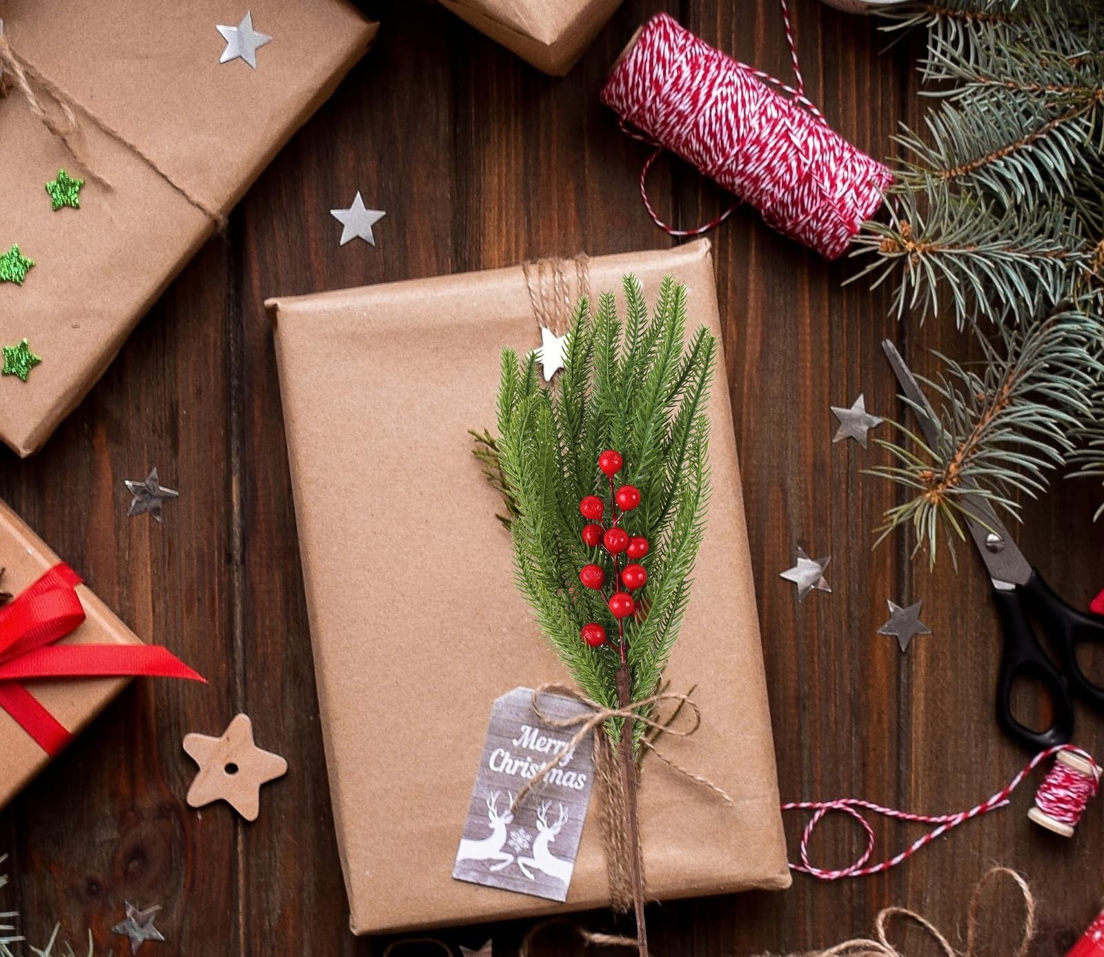 Christmas Norfolk Pine Branches with Red Berry 17.8″ Artificial Greenery Picks