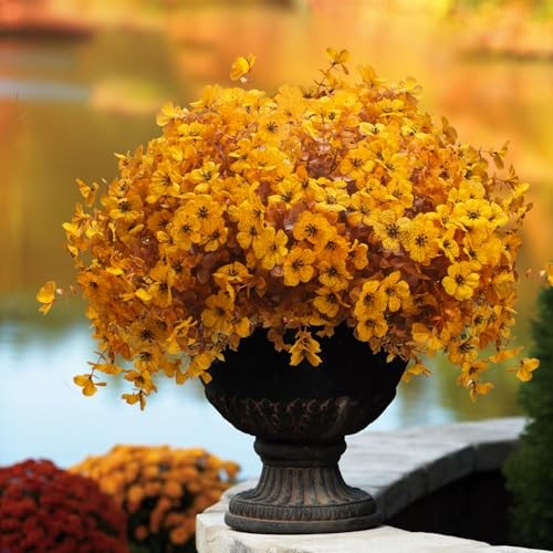 16 Bundles Artificial Fall Mums Outdoor UV Resistant, Fake Silk Fall Yellow