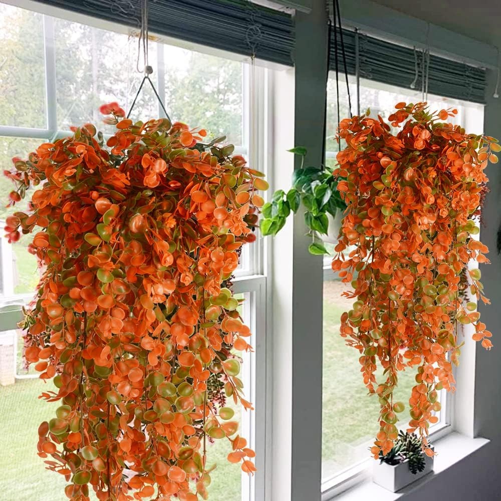 2pcs Artificial Hanging Fall Plants Fake Hanging Plant Faux Eucalyptus Leaf Gree