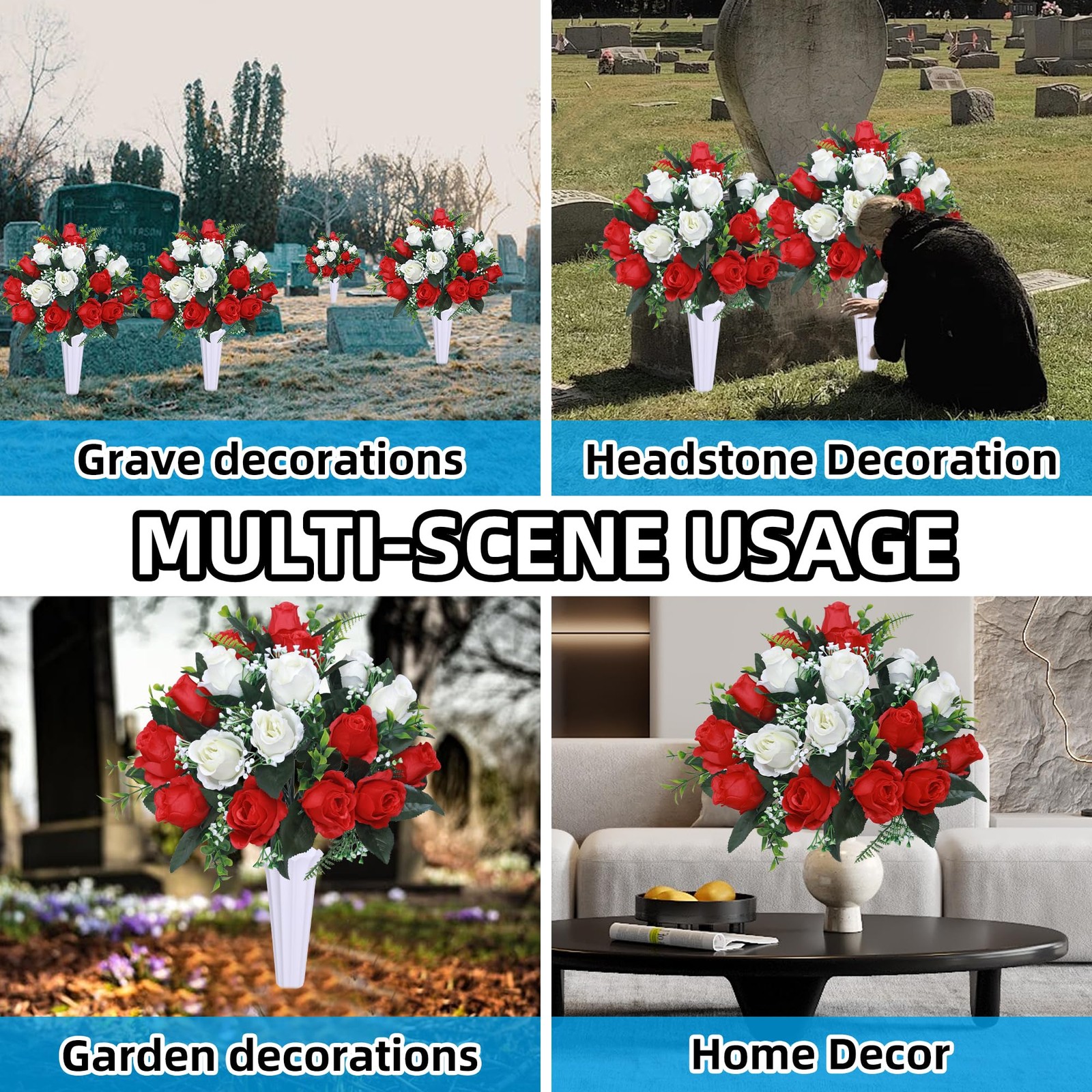 Set of 2 Artificial Cemetery Flowers with Vase,Grave Memorial Flowers,Artificial