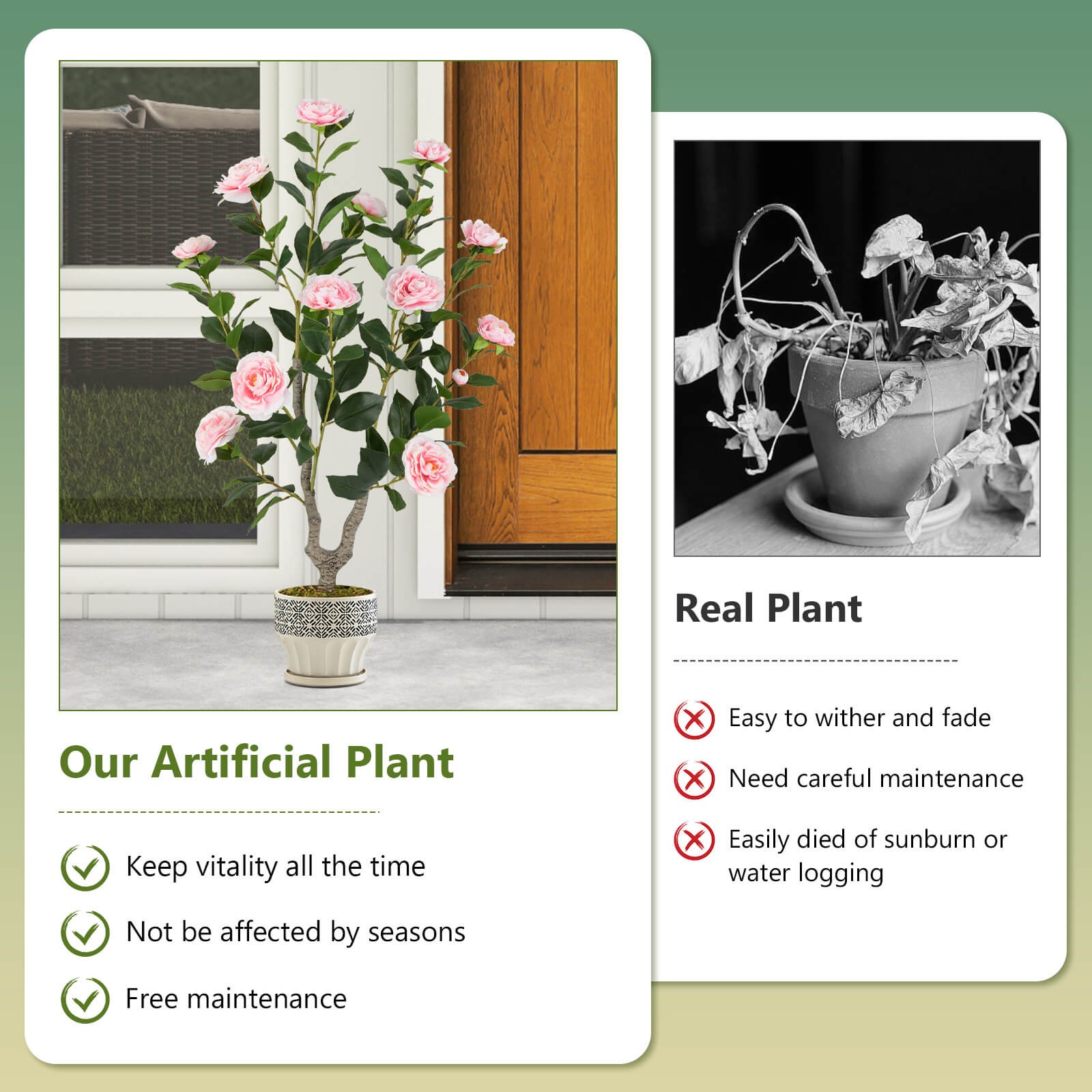 36″ Artificial Camellia Tree Fake Potted Tree Greenery Floral Plant Modern