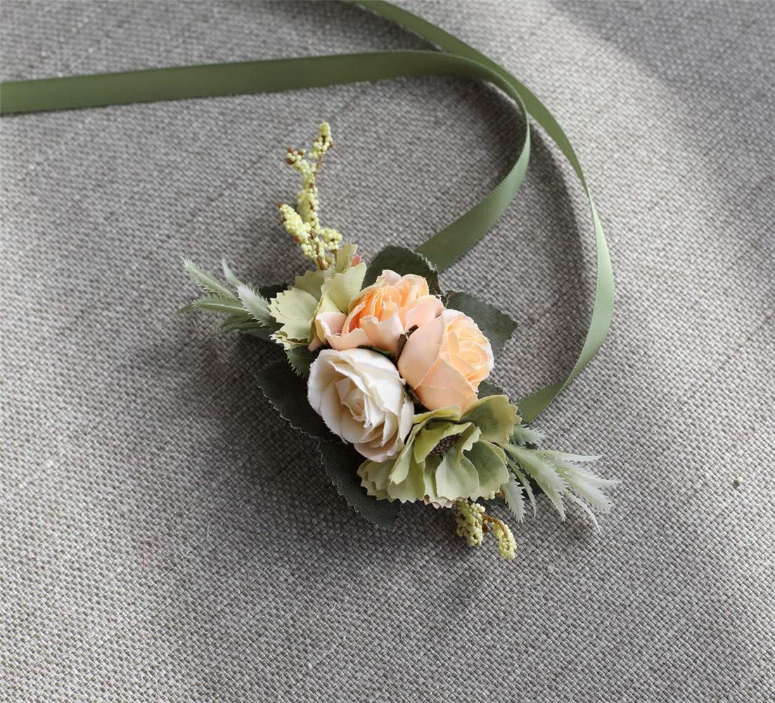 Rose Wedding Wrist Corsage Boutonniere Set Champagne Prom Flower Decor