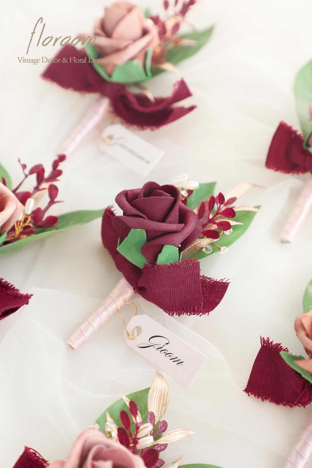 6 PCS Dusty Rose Burgundy Foam Boutonnieres With Pins Men Wedding Groomsmen