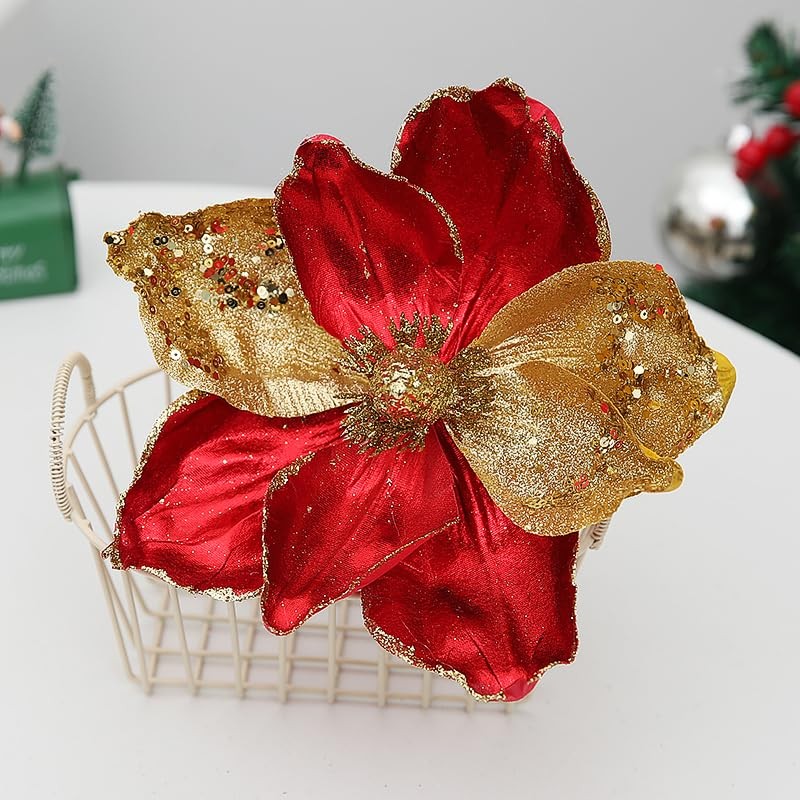8 Pcs Christmas Tree Magnolia Flowers Ornament Glitter Red Gold 8.26 Inch