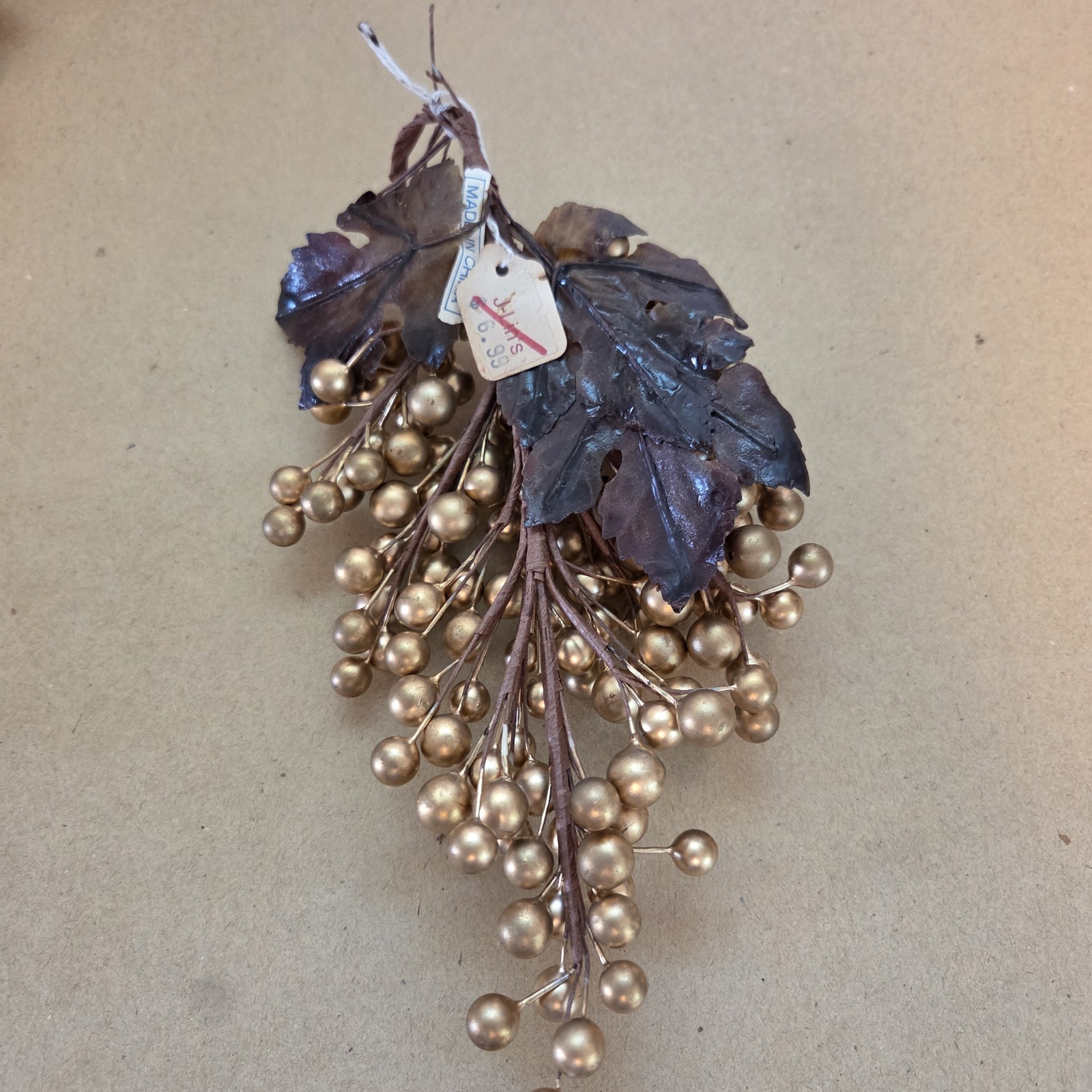 Gold Berries Vtg Leaf Pick Stems Lot of 10 Artificial Floral Holiday Craft Decor