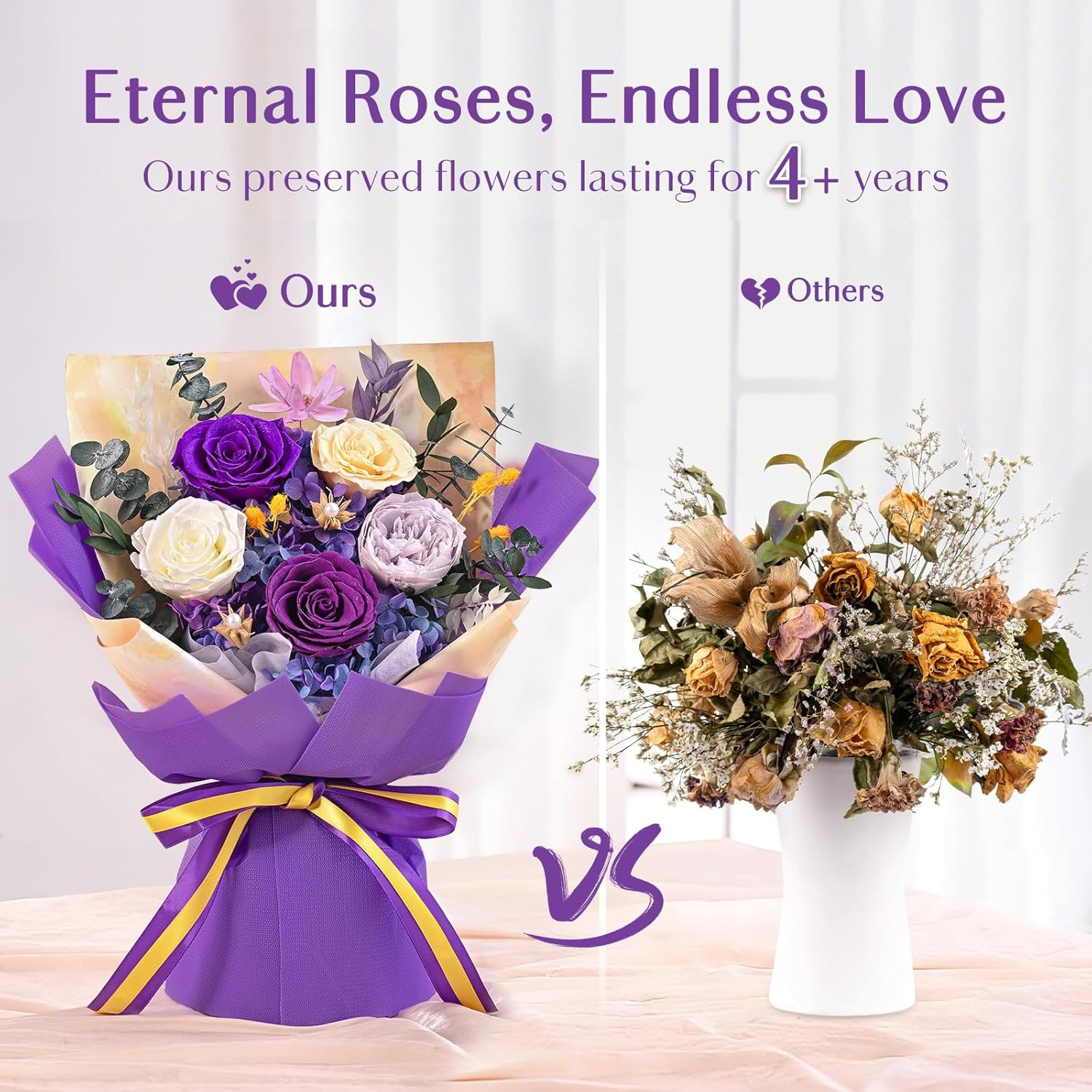 Yastouay 5 Pcs Glitter Purple Preserved Roses Flowers Bouquet, Forever Rose Flow