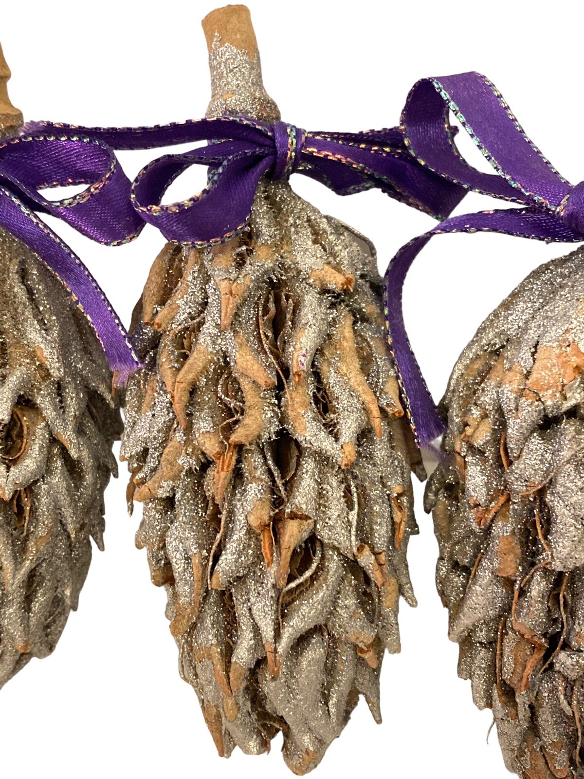 13 Magnolia Seed Pods Decor Silver Glittered Purple Ribbon Bows