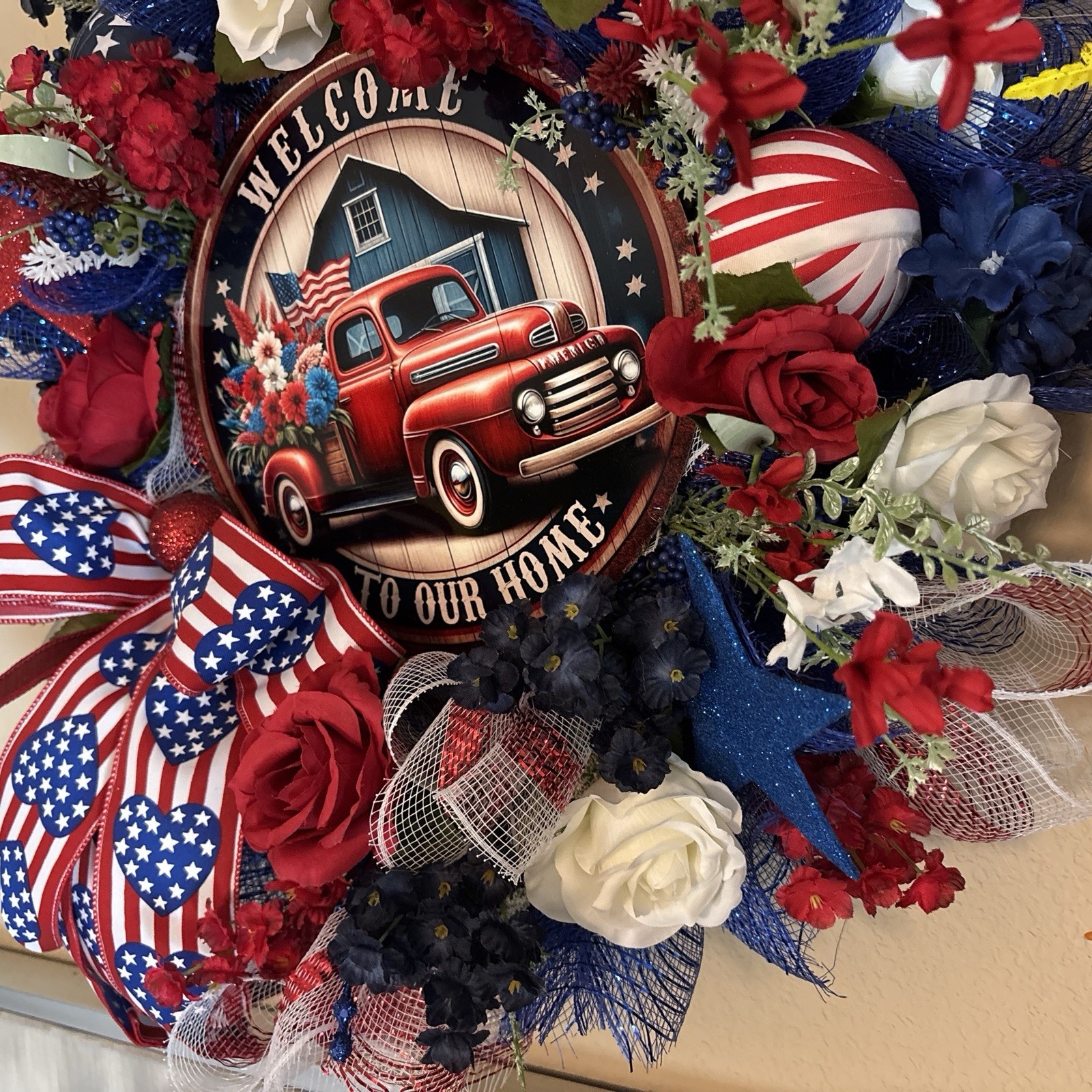 Patriotic Wreath 4th Of July Door Decor Red White Blue Truck Welcome To Our Home