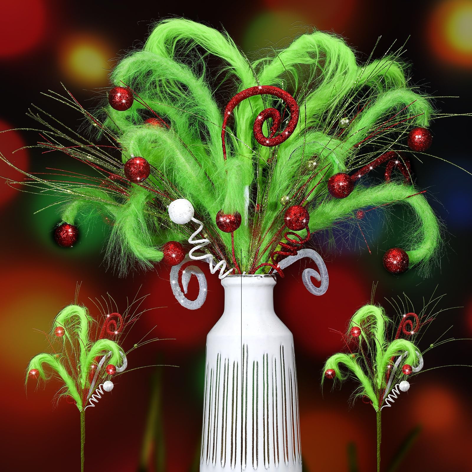 6 Pcs 20 Inch Whimsical Lime Green Furry Curly Christmas Tree Picks and Spray…