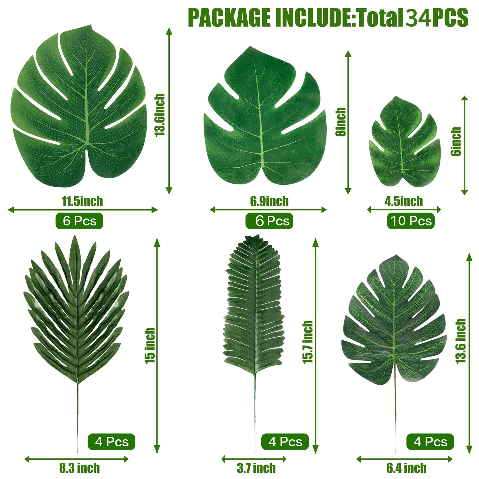 34 Pieces 6 Kinds Artificial Tropical Palm Leaves Tropical Leaves Monstera Le…