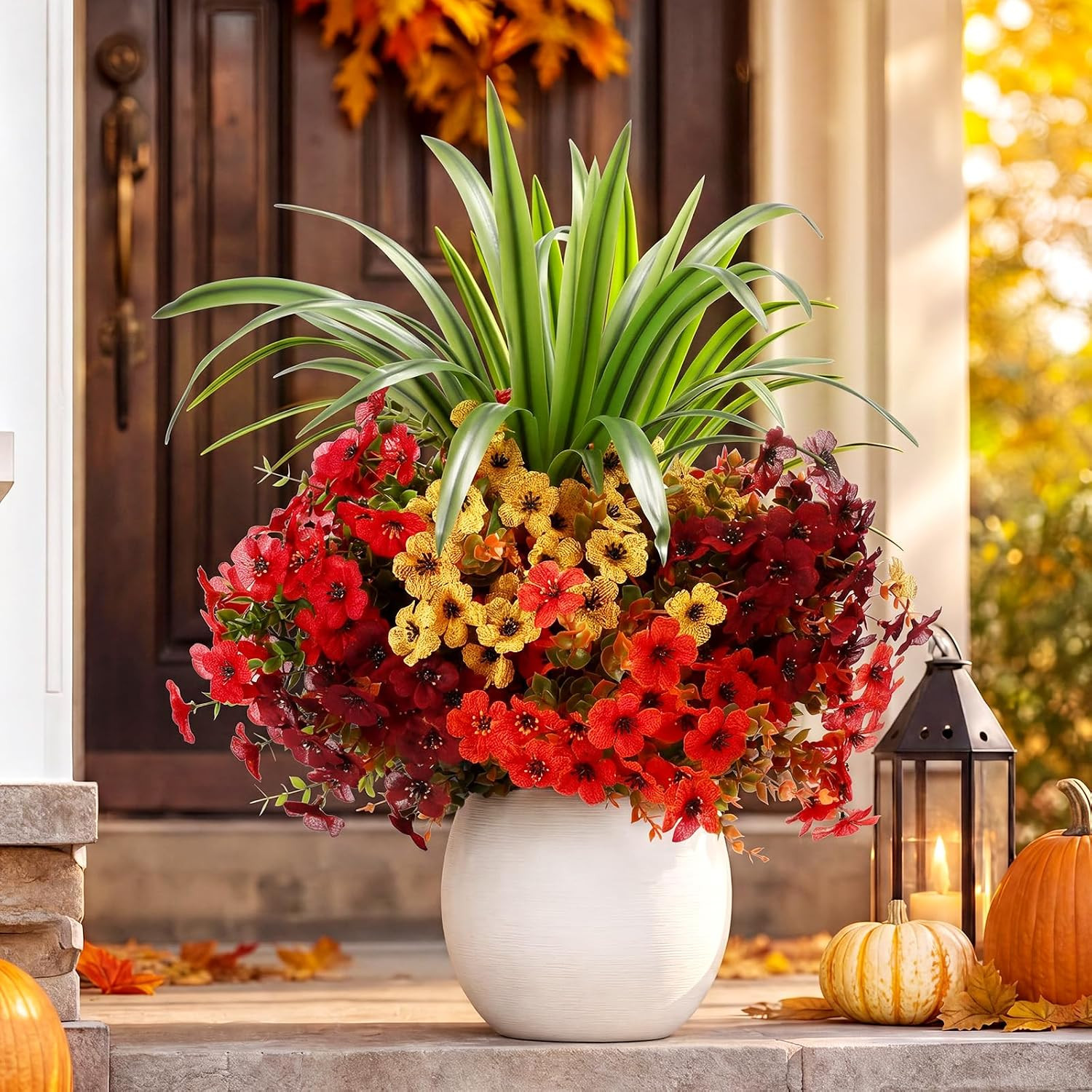 Colorful UV Resistant Faux Daisy & Orchid Leaf Bundles for Autumn Decor