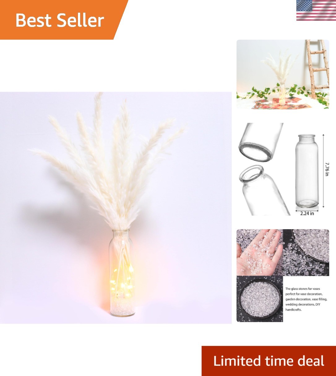 Versatile Pampas Grass Decor with LED Lights & Glass Vase for Stunning Homes