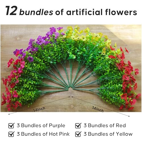 Artificial Flowers for Outdoors, Fake Faux Plants 12 Purple Red Yellow Hot Pink